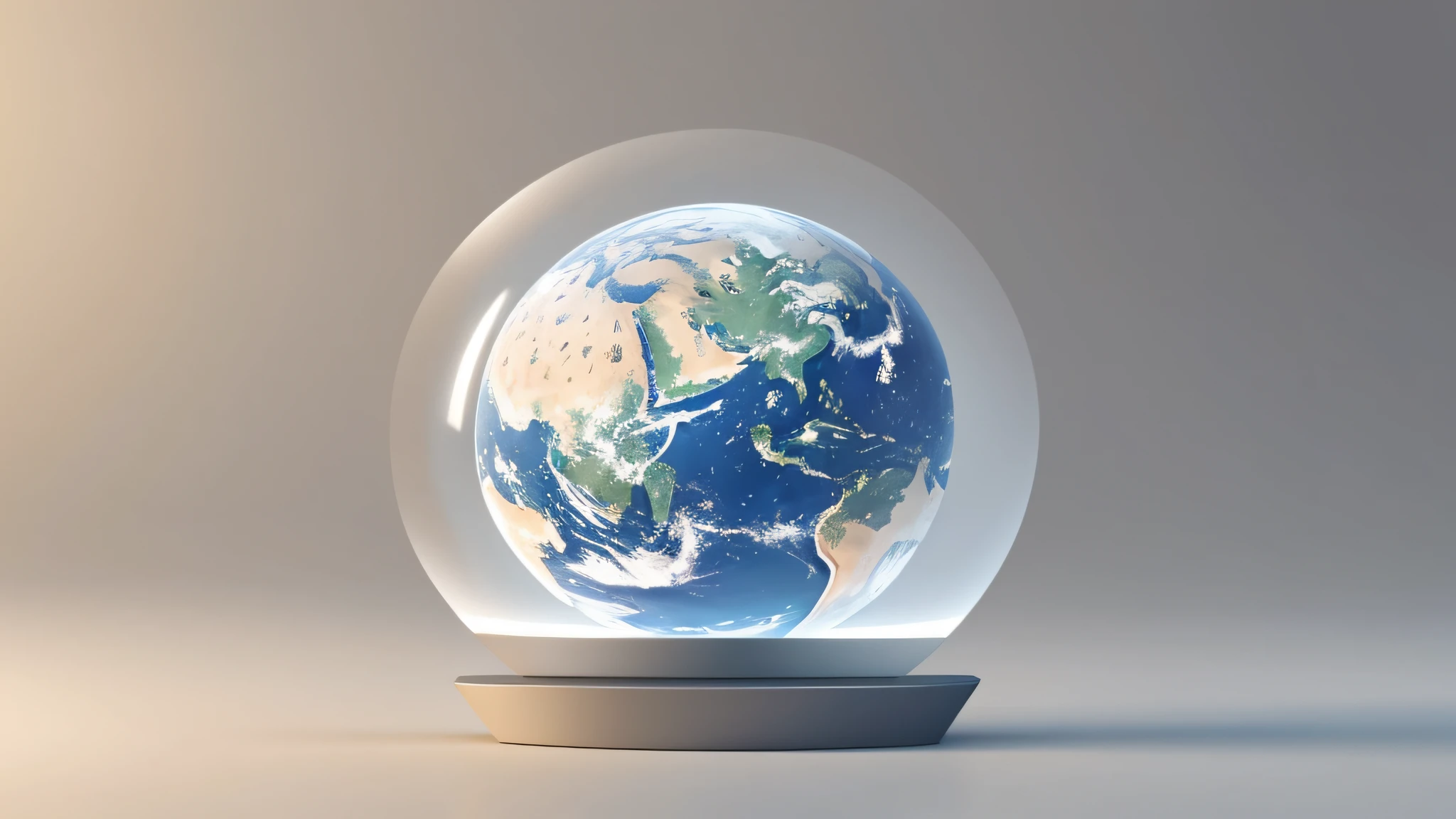icon desgin, has a micro-transparent globe with base and earth, minimalist style, tencent design, minimalist 3D icon, frosted glass style, OC rendering, contour light, close-up, premium sense, neutral tones, low saturation, front view, layering