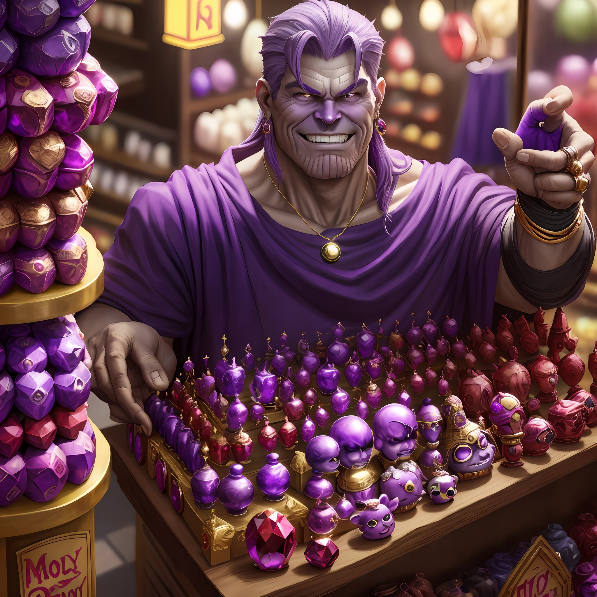 Thanos,realistic thanos,selling ring,ruby,jadeand jewely,in jewely shop,smiling,nightmarket,8k