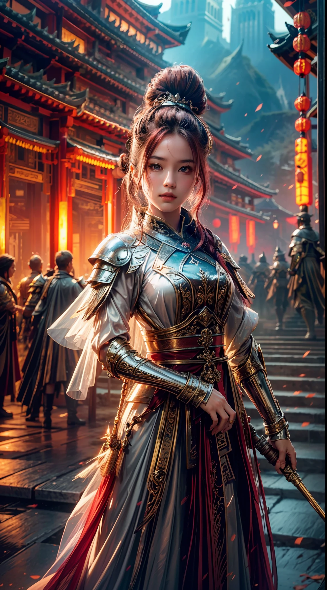Best Picture Quality, Masterpiece Level, Ultra High Resolution, Realism, Fantasy Theme, Armor, Facial Details, A Girl, Single, Bun, Fairy Theme, Naughty Pose, Chinese Architecture, Burning, Get Detailed Outdoor Lighting and Movie Lighting, Increase Detailed Overall Ambient Light, Face and Eye Detail, Improve Body Detail Realism, Clear Sharp Focus, Expressionless, Fairy Costume, Burgundy Hair, Bright Eyes, Simple Background.