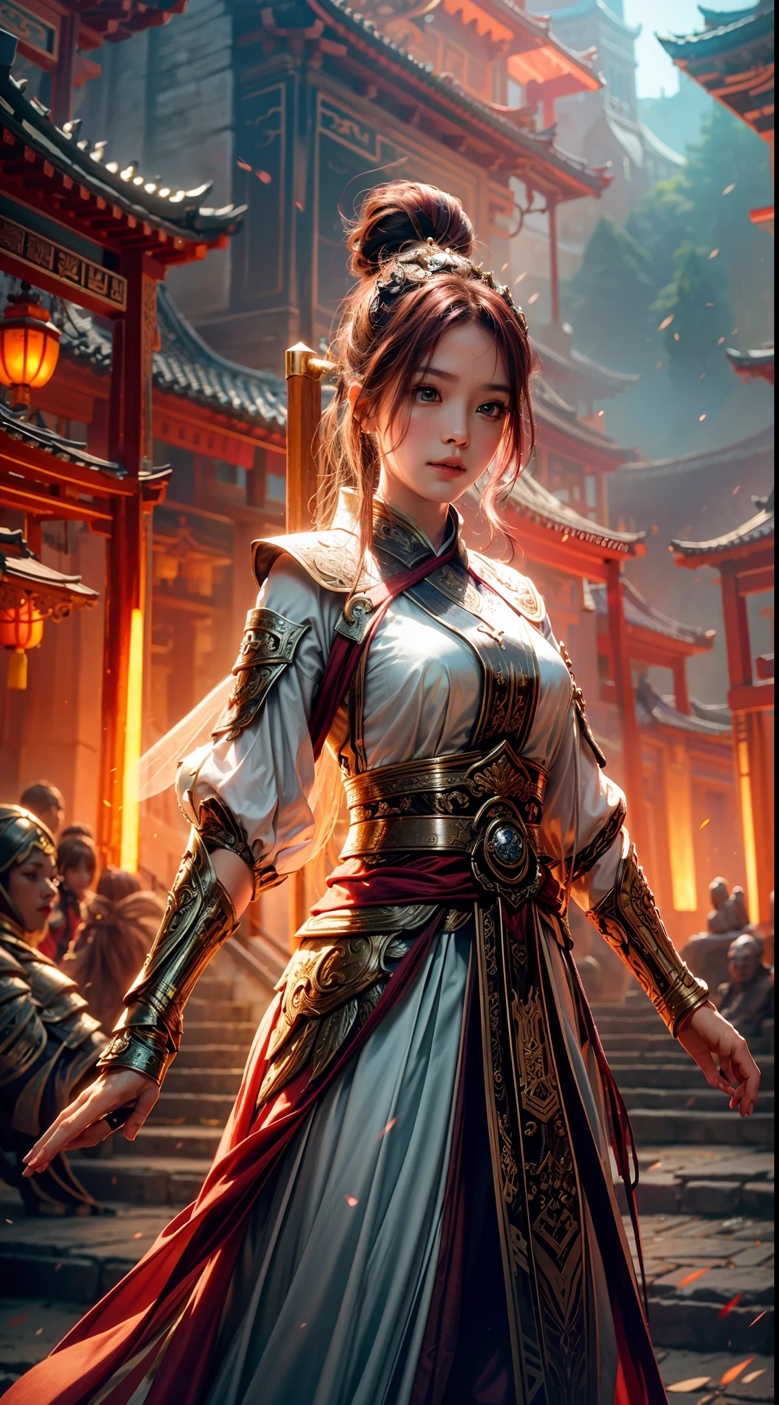 Best Picture Quality, Masterpiece Level, Ultra High Resolution, Realism, Fantasy Theme, Armor, Facial Details, A Girl, Single, Bun, Fairy Theme, Naughty Pose, Chinese Architecture, Burning, Get Detailed Outdoor Lighting and Movie Lighting, Increase Detailed Overall Ambient Light, Face and Eye Detail, Improve Body Detail Realism, Clear Sharp Focus, Expressionless, Fairy Costume, Burgundy Hair, Bright Eyes, Simple Background.