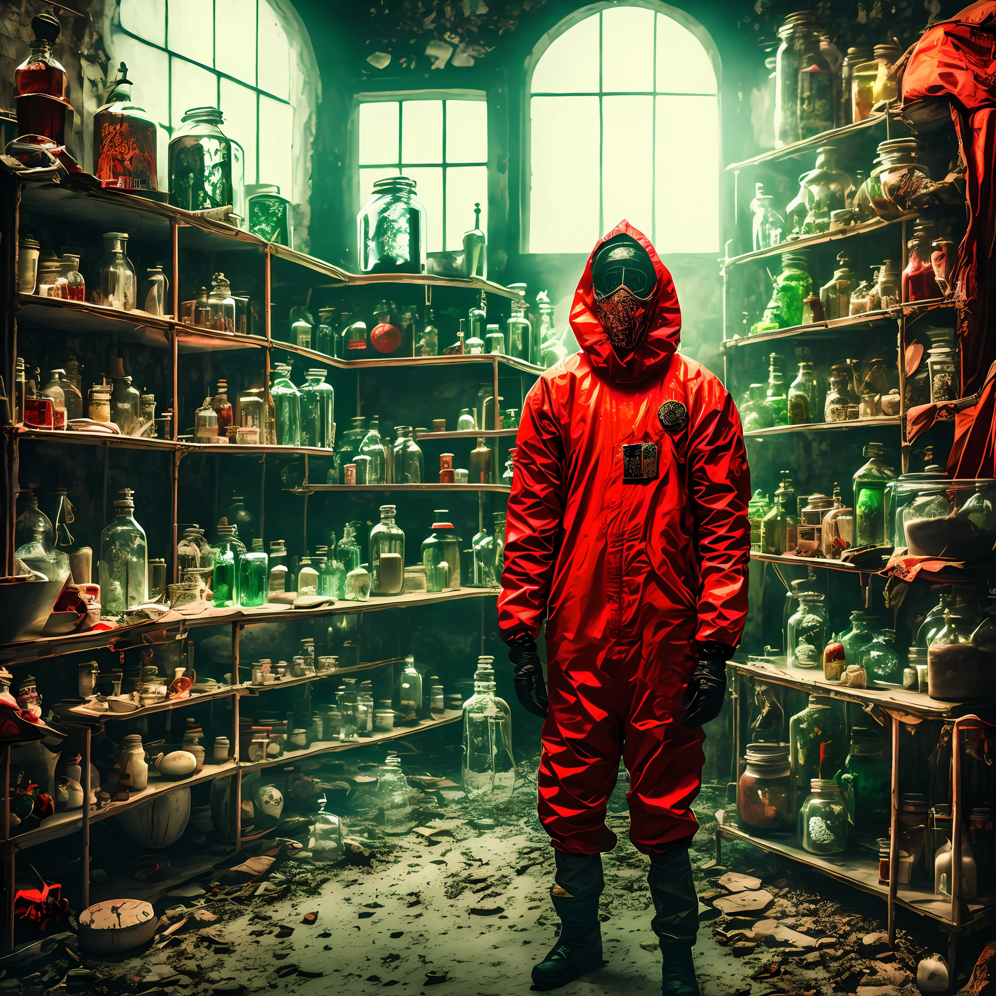 psychedelic art, horror, a person stands inside a dark abandoned alchemy laboratory wearing a red hazmat suit, dilapidated, taxidermy, medical implements, specimens in jars of green liquid, dusty books on wooden shelves, broken windows, dust, old books on tables, mold, broken stone, rubble, loose clutter