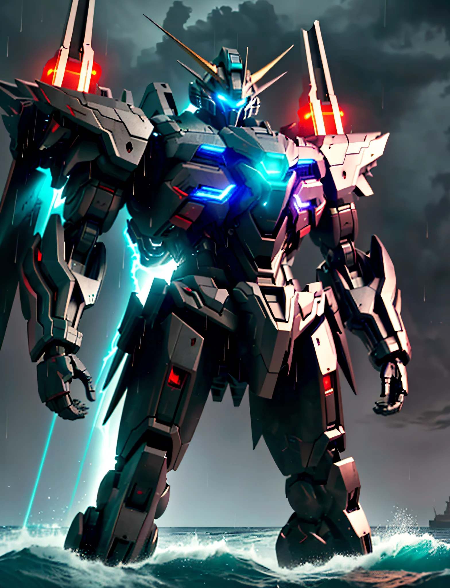 ((Masterpiece)), ((Best Quality))), ((Ultra Detailed)), ((Illustration)), Mecha, Sunrise, Sunlight, Ocean, Thunderbolt, Lightning, ((Night)), ((Darkness)), Dynamic Angle, Blue Shell, Dark Red, Glow Energy Block, Blue Eyes, ((Solo)), Mecha, Looking at the Audience, Standing, Combat Status, Firing Energy Cannon, Weapon, V-Fin, (from the side), Mechanical Head, Cannon, Glow, Spike, Realistic, Edge Light, (Moody's Lighting: 1.2), ((Volume illumination: 1.2)), Darkness, ((Strong illumination: 1.4)), glowing eyes, ((Standing at sea: 1.2)), ((Rain)), Mecha surface with certain wear, aqua,