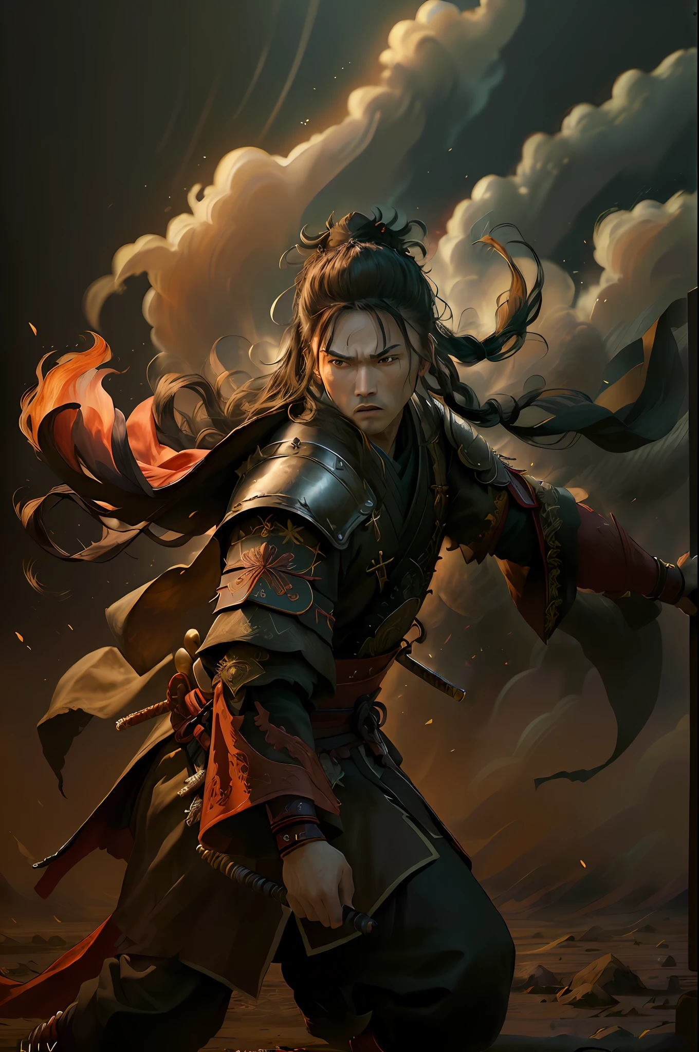 (UHD, masterpiece, high resolution, high quality, best quality, award-winning, 8k:1.5), a swordsman, male samurai, Chinese, wearing ancient Chinese armor, angry expression, in a burning battlefield, flames, particles, light and shadow, martial arts poses, action poses, confident action poses, full body action poses, dynamic movement poses,