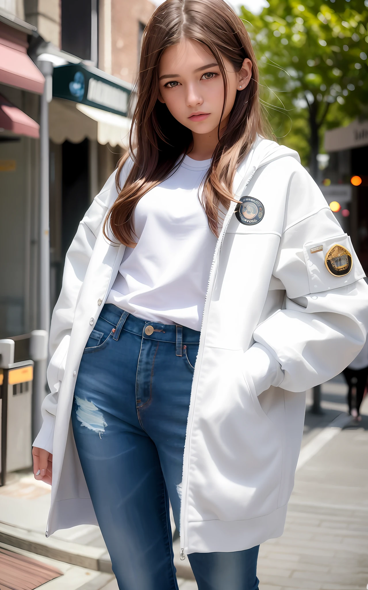 19 year old girl, top quality, masterpiece, (realistic: 1.2), 1 girl, brown hair, brown eyes, front face and chest details, beautiful eyes, small breasts white jacket, jeans, fashion, small head, fashion girl, wrinkled t-shirt, covering hair, hands in pocketsreal face, realistic face, realistic skin, rough skin