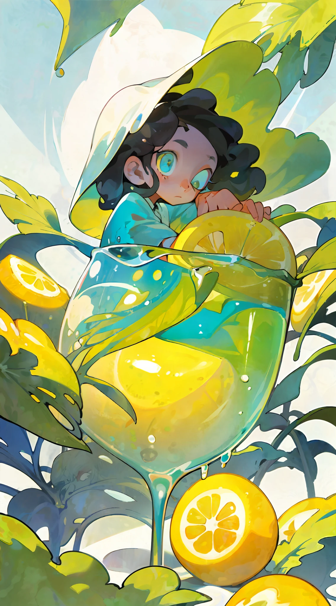 A sitting in a glass, with her head supported in her left hand, is resting, cool liquid, lemon, sunlight, shade, summer, yellow