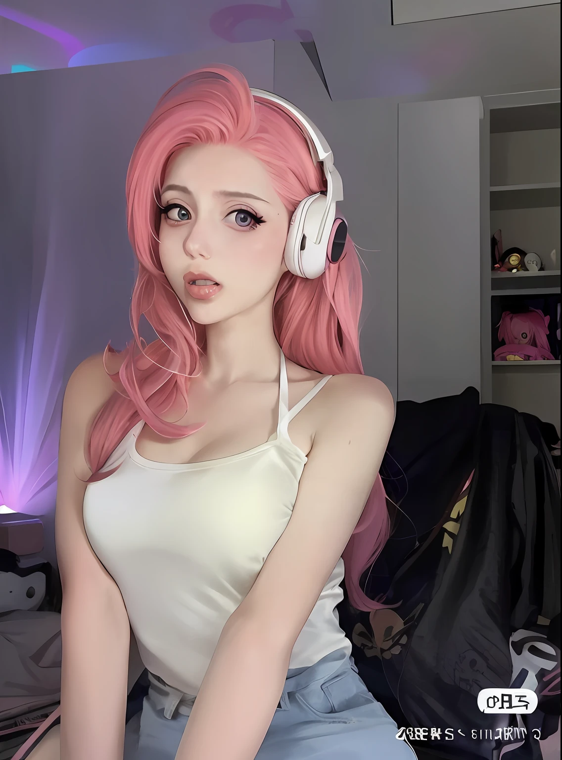 araffe with pink hair and headphones sitting on a bed, anime girl cosplay, belle delphine, anime girl in real life, amouranth, anime inspired, anime cosplay, long flowing pink hair, flowing pink hair, professional cosplay, with pink hair, better known as amouranth, cosplay, realistic cosplay, pink twintail hair and cyan eyes