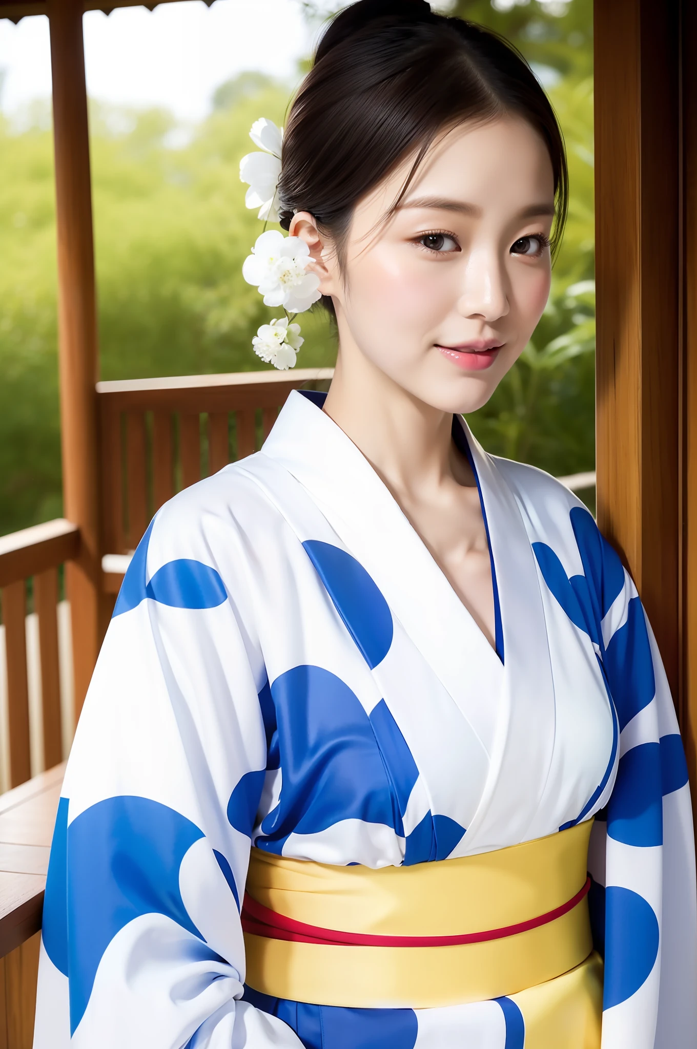 kimono, obi, (photo realistic: 1.4), (hyperrealistic: 1.4), (real: 1.3), happy, white skin, gentle,