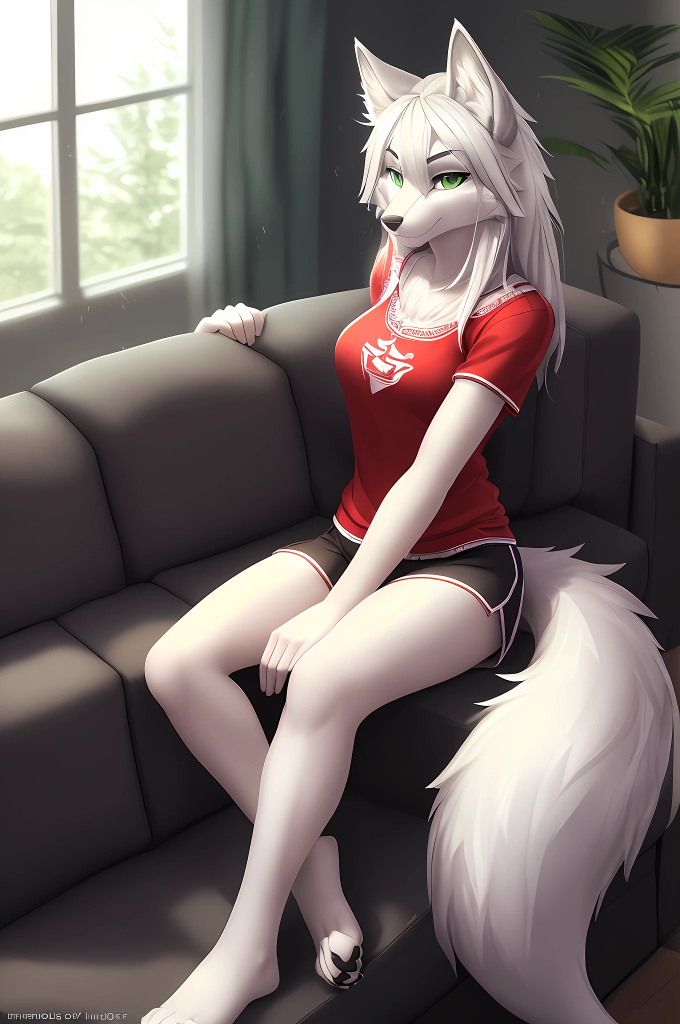 (masterpiece)), ((solo portrait)), ((furry; antrho wolf girl)), ((detailed fur)), ((raytracing)), ((detailed shading)), ((beautiful render art)), {anthro wolf; (grey fur, white belly, fluffy wolf tail), clear green eyes, long white messy hair, seductive gaze; (bedroom eyes, smug smirk), red tee shirt, black lounge shorts}, (sitting on couch, attractive pose, (one leg bent, one legs extended), human like hands, animal feet; (wolf paws), [background; open living room, window; (outside rainy, cloudy), tv in background]