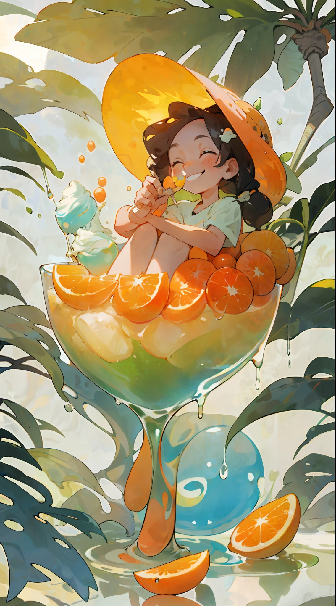 A little girl sits inside a glass with ice cream in her hand, smiling, cool liquid, oranges, sunlight, shade, summer, orange