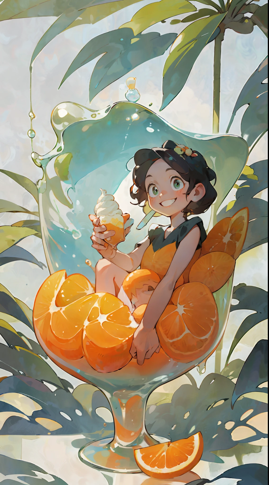 A little girl sits inside a glass with ice cream in her hand, smiling, cool liquid, oranges, sunlight, shade, summer, orange
