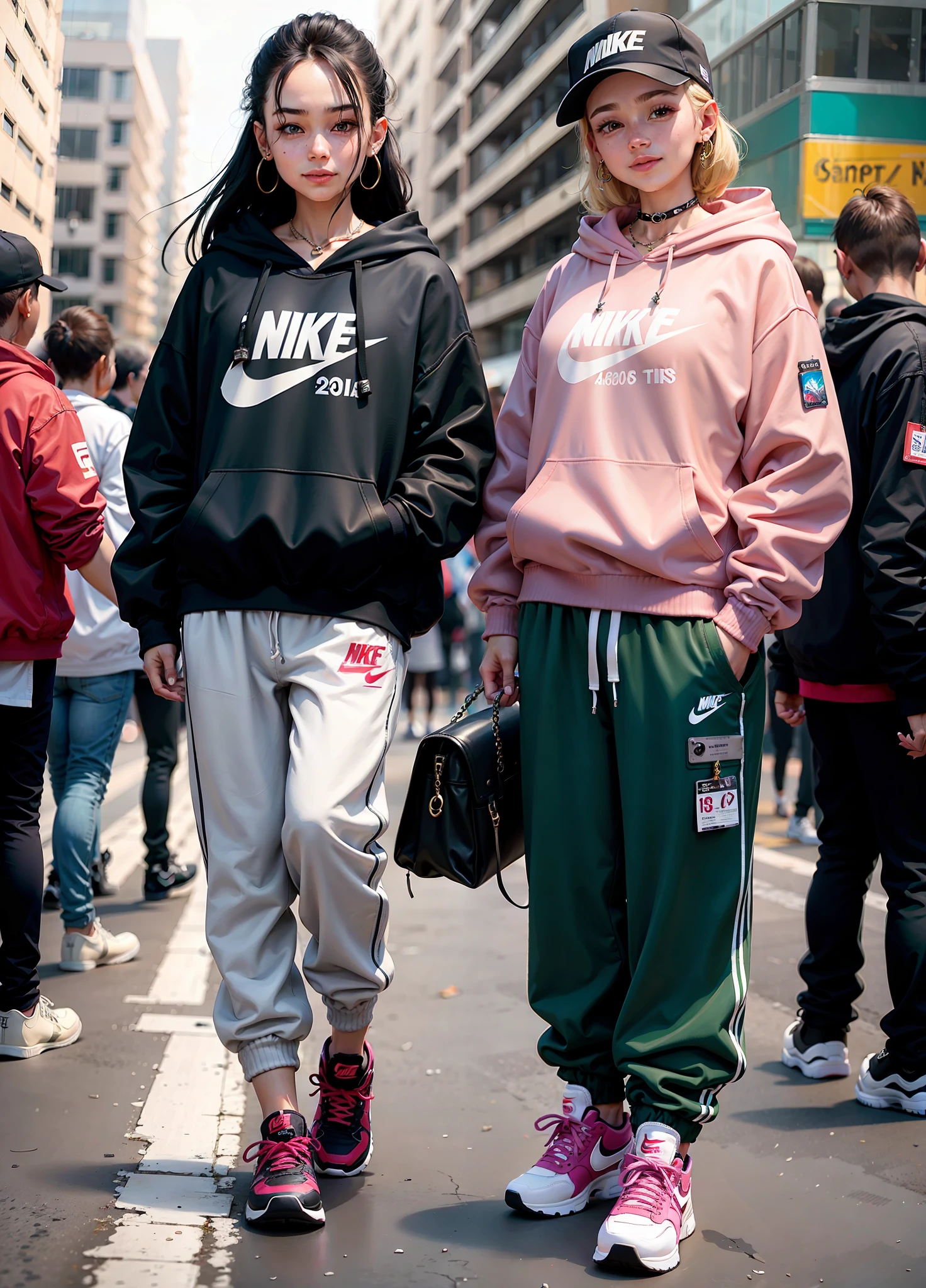Girl wearing baggy pants and hoodie, 1 girl, 4k, very detailed, realistic, necklace, many bracelets, sneakers Nike, full body, see the audience, 20 years old, smile