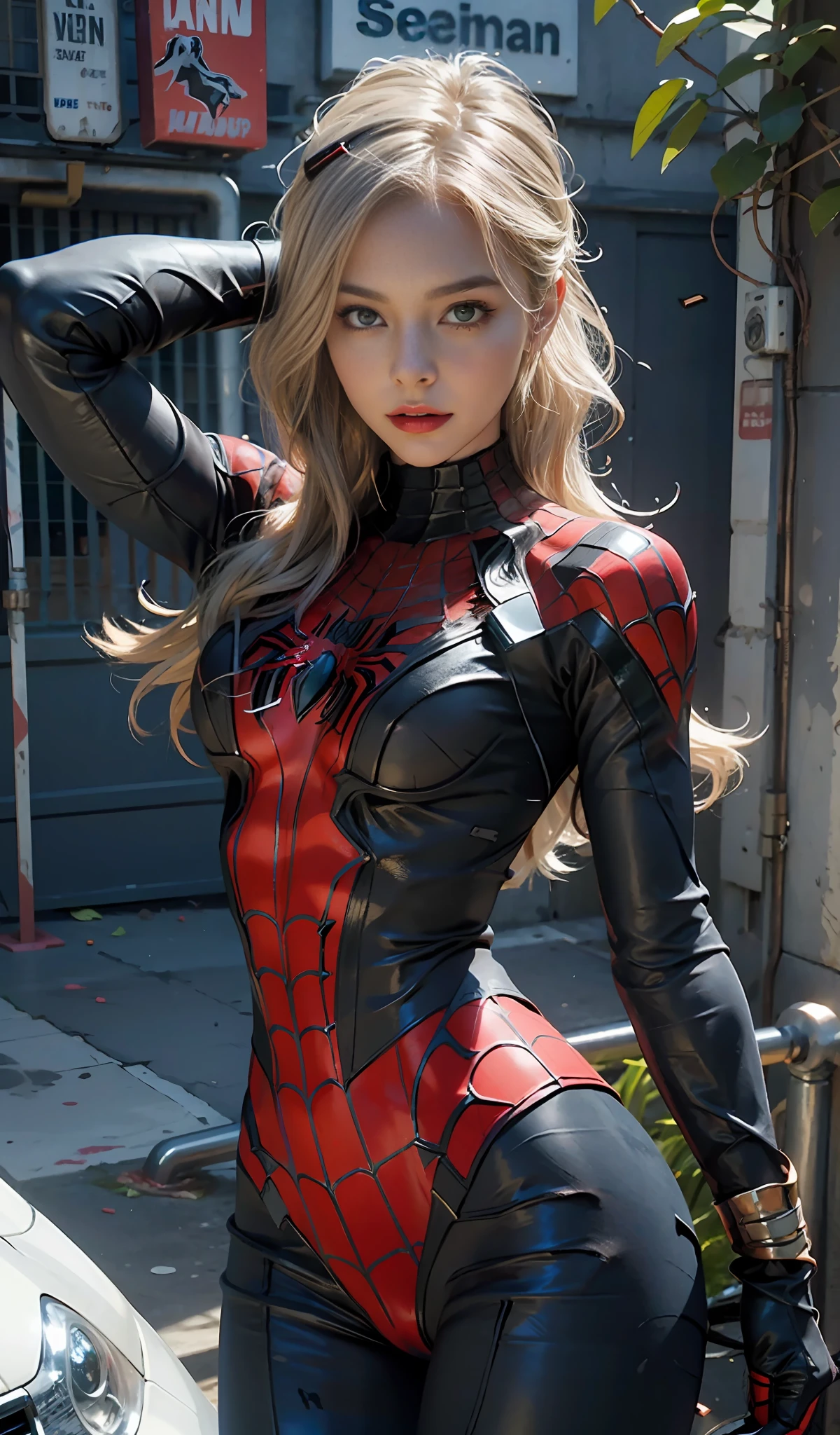 Beautiful Woman Detailed Defined Body Using Spider-Man Role Play, Medium Tits, Perfect Body, Detailed Eyes, Beautiful Girl, (Gwen Stacy), Spider Woman, Spider Costume, Pose for Photo