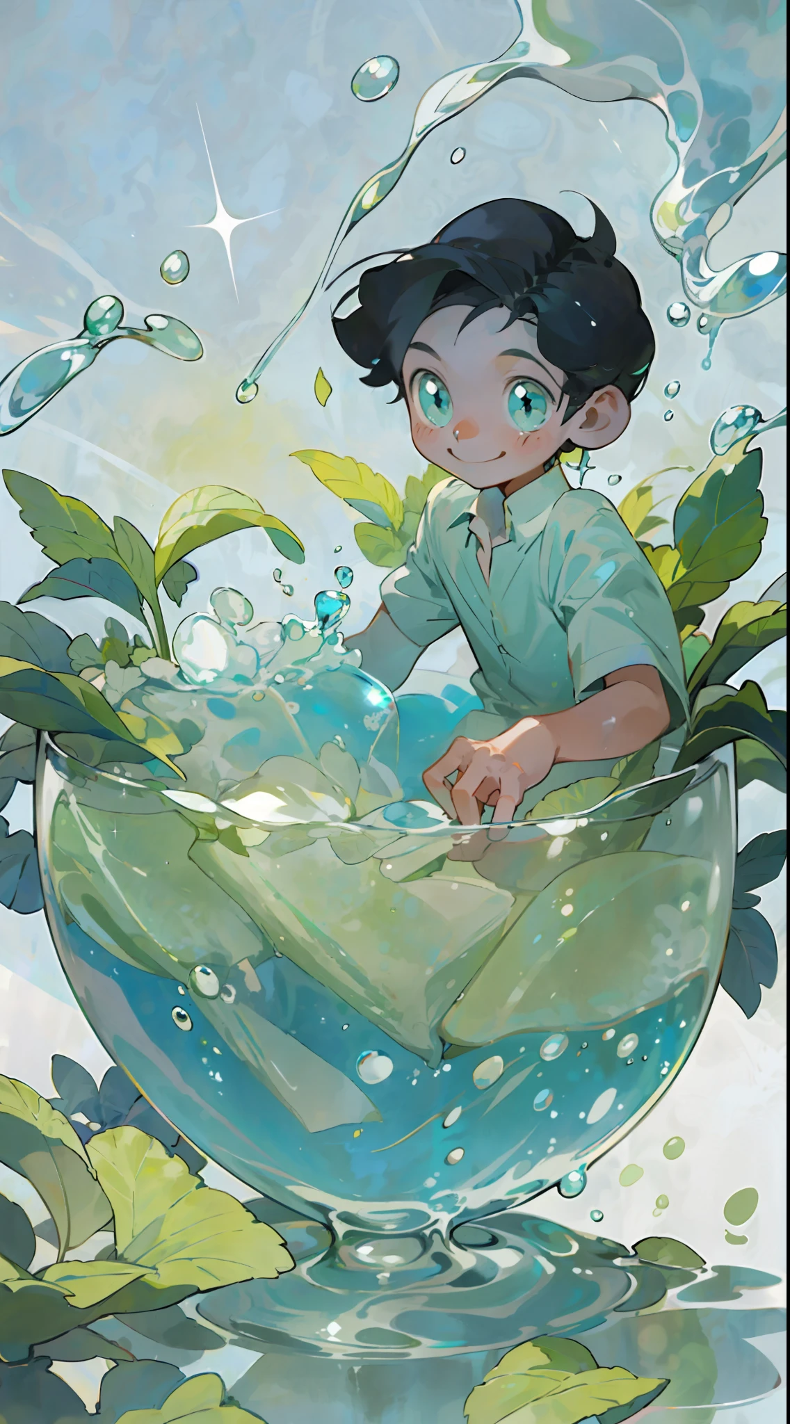 A little boy sits inside a glass with sparkling water in his hand, smiling, cool liquid, sparkling water, sunlight, shade, summer, blue, mint leaves, ice