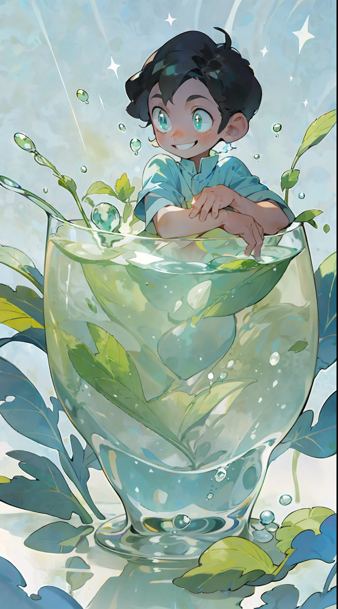 A little boy sits inside a glass with sparkling water in his hand, smiling, cool liquid, sparkling water, sunlight, shade, summer, blue, mint leaves, ice