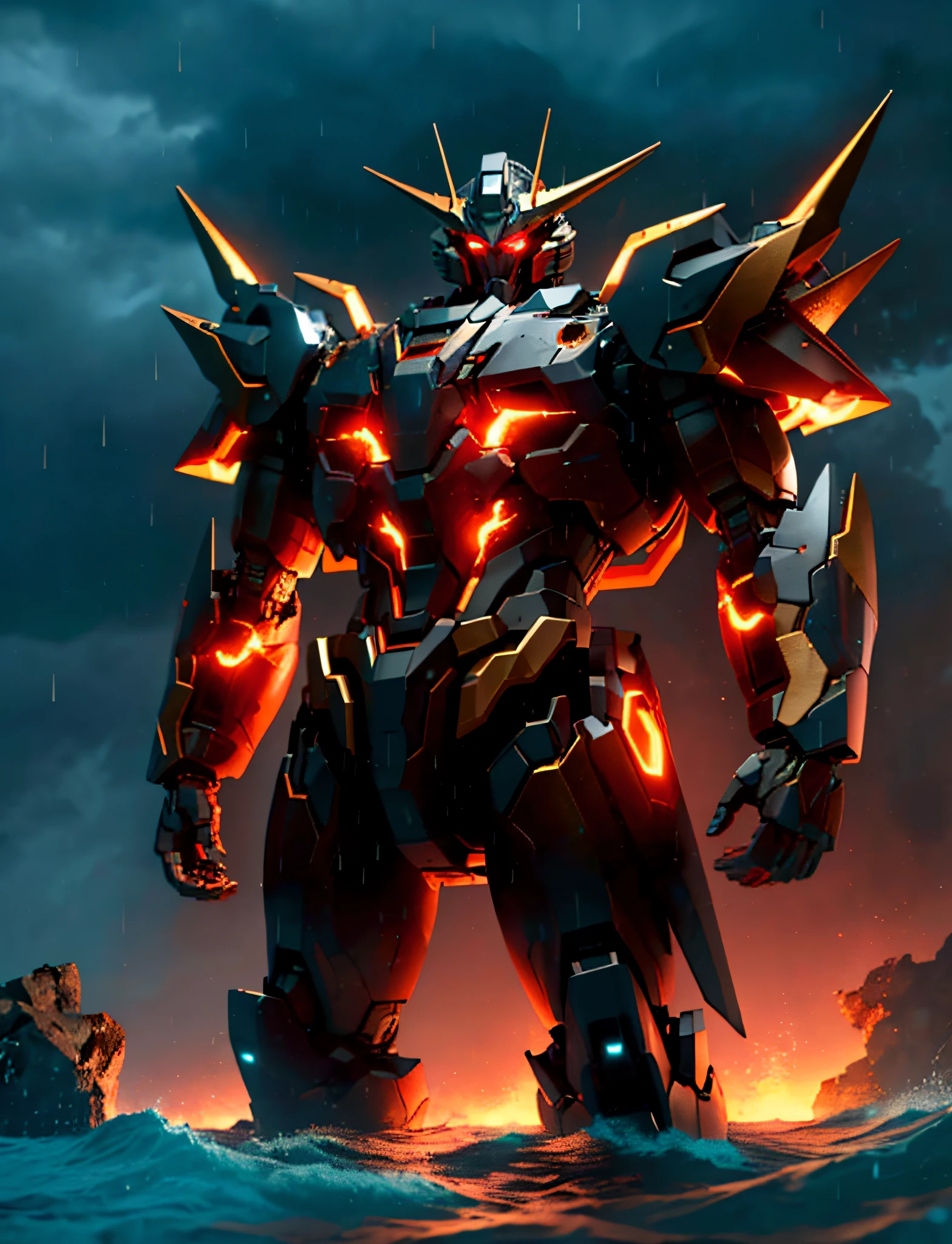 ((masterpiece)), (((best quality))), ((ultra-detailed)), ((illustration)), mecha,sunrise,sunlight,ocean,fire cloud,((night)),((dark)),dynamic angle,red,gold body, red eyes,cowboy shot, ((solo)), mecha, looking at viewer,standing, weapon,v-fin,(from side), mechanical head, Cannon,glowing, spikes, ,realistic,rim light, (Moody Lighting:1.2), ((Volumetric Lighting:1.2)),dark,((strong Lighting:1.4)),glowing eyes, ((standing on sea:1.2)), ((rain)),((broken)), ,aqua