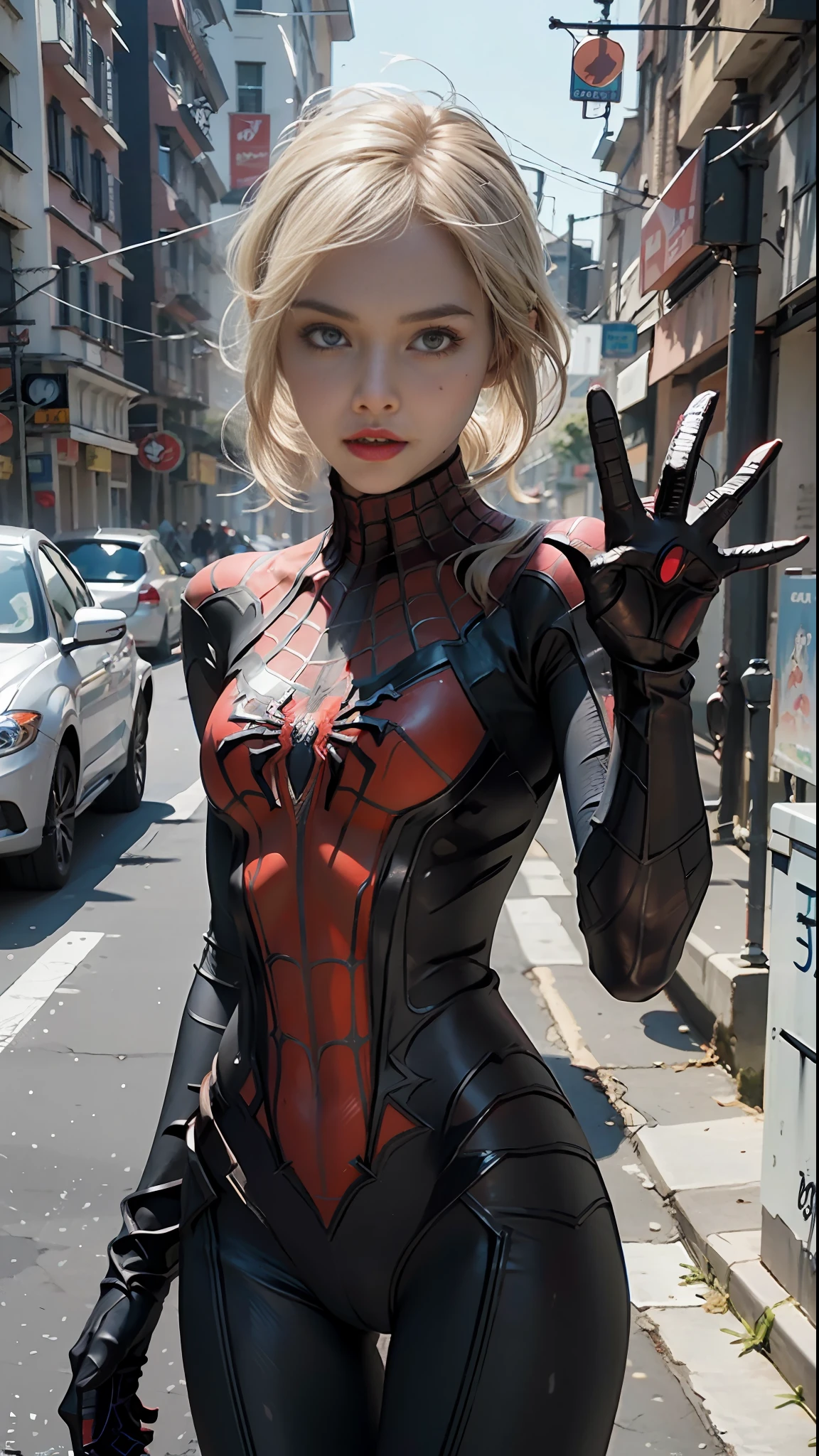 Beautiful woman detailed defined body using Spider-Man role play, small breasts, perfect body, detailed eyes, beautiful girl, (Gwen Stacey), Spider Woman, Spider costume, pose for photos
