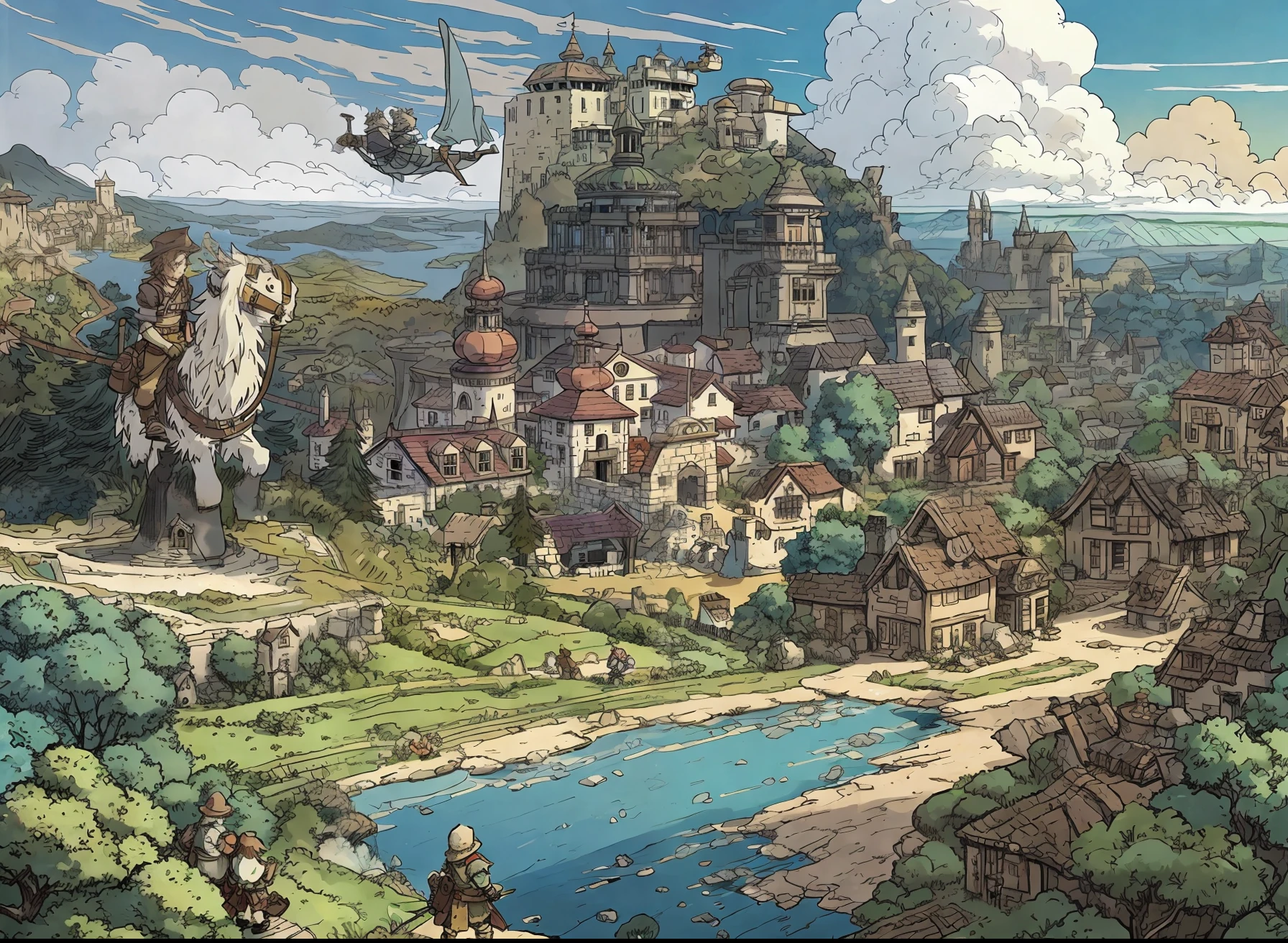 a cartoon of a valley with a village, blue sky, clouds, forest, by posuka demizu, boris valejo. octopath traveler,