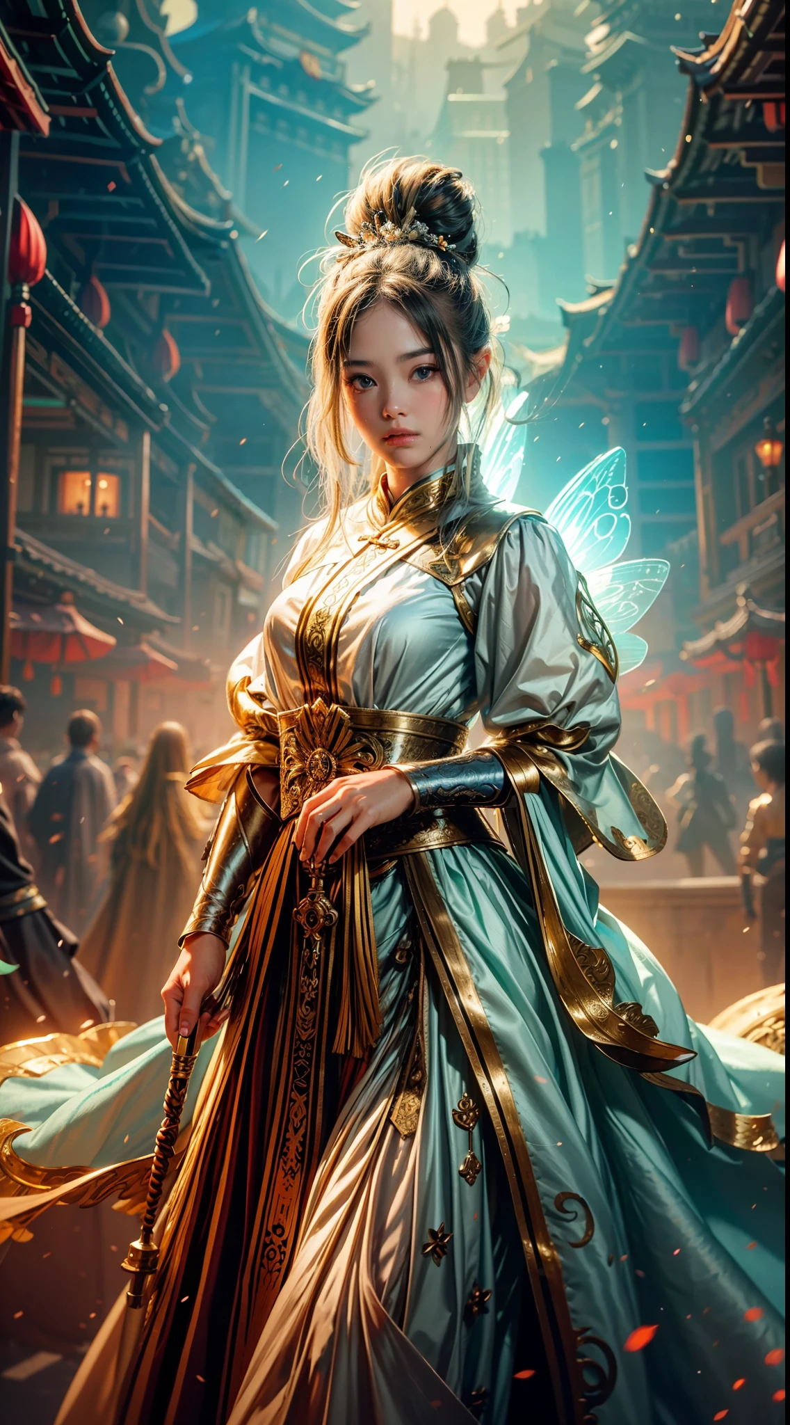 Best image quality, masterpiece level, super high resolution, realism, fantasy theme, horse face skirt, facial details, a girl, single, bun, fairy theme, naughty pose, Chinese architecture, burning, get detailed outdoor lighting and movie lighting, increase detailed overall ambient light, face and eye details, improve the realism of body details, clearly express sharp focus, expressionless, fairy costume, light yellow long hair, bright eyes, simple background.