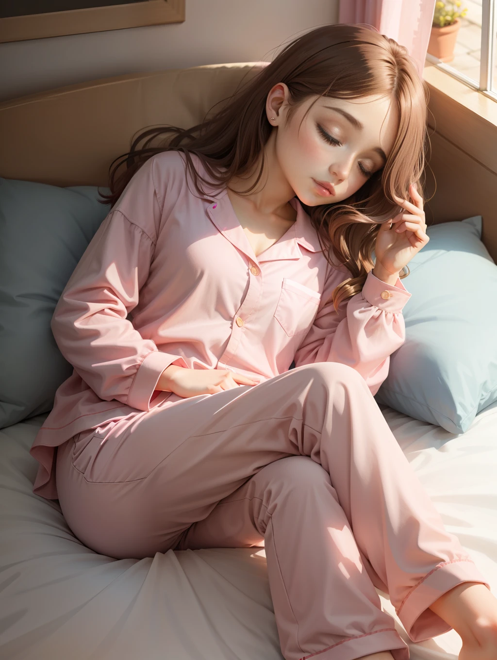Sleeping girl, 22 years old, realistic, she is wearing long pants, she is wearing pink pajama, brown hair.