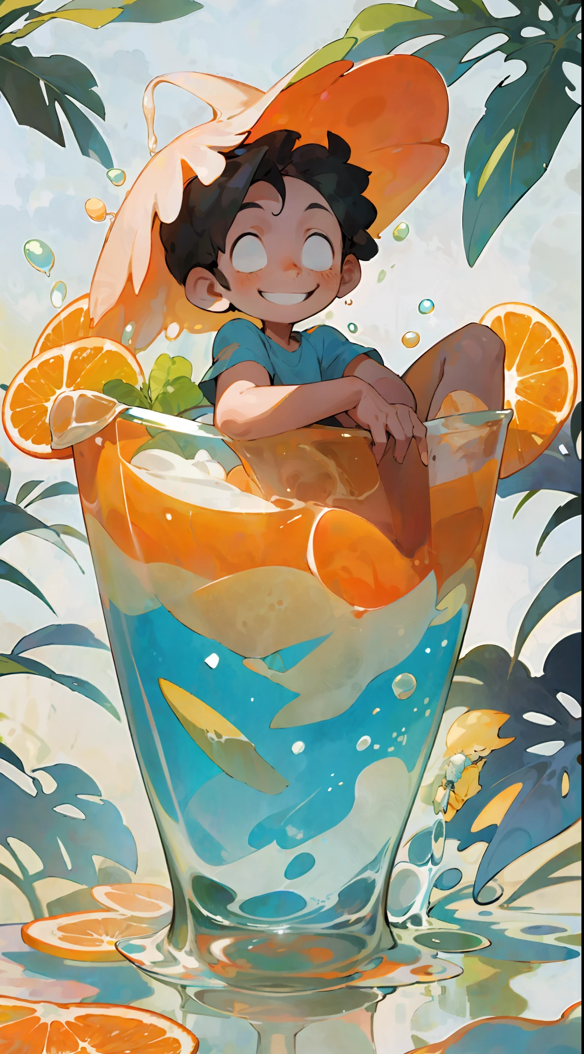 A little boy sits inside a glass with ice cream in his hand, smiling, cool liquid, orange, sun, shade, summer, orange