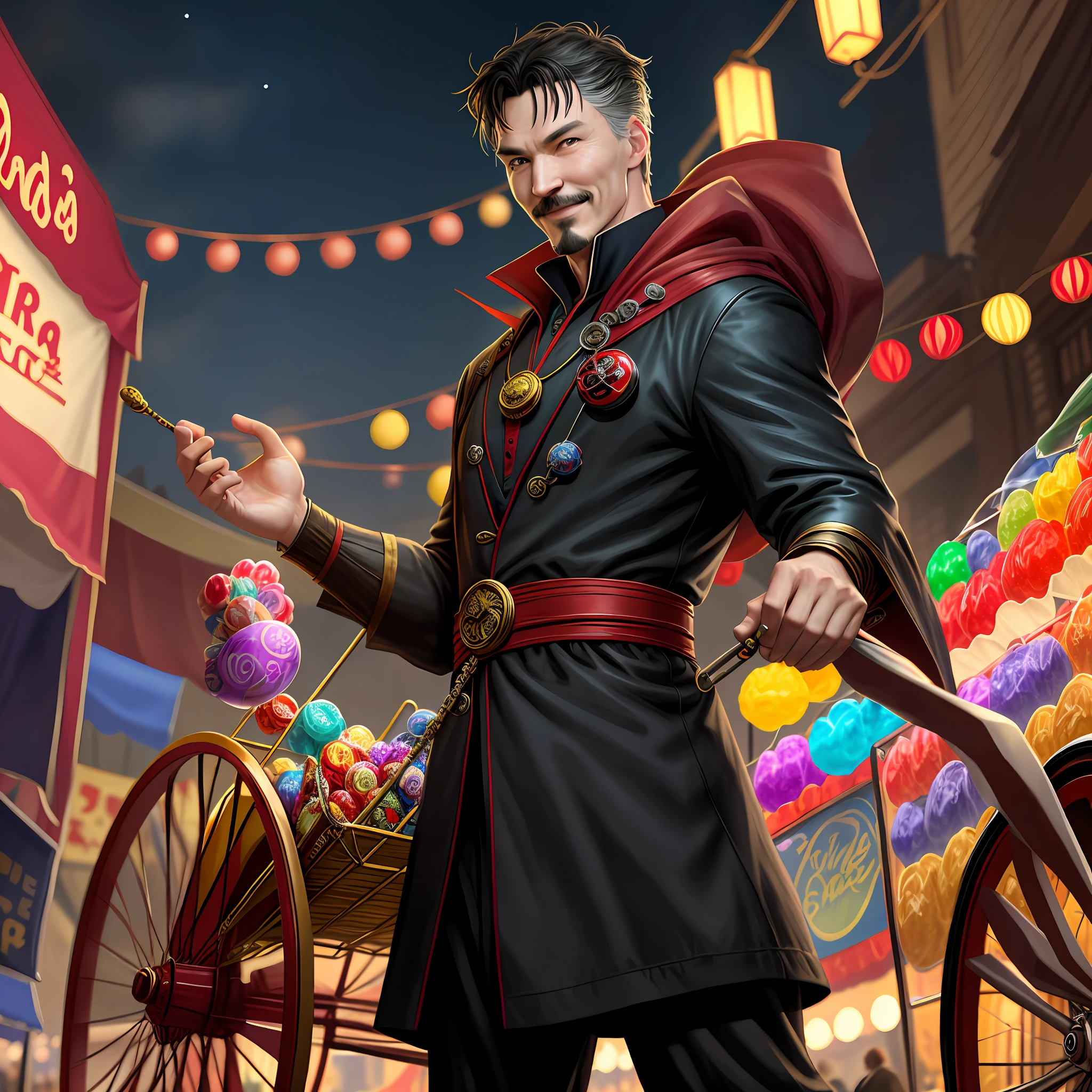 Dr strange,realistic dr strange,selling circle candy,carry candy cart,nightmarket,smiling,8k
