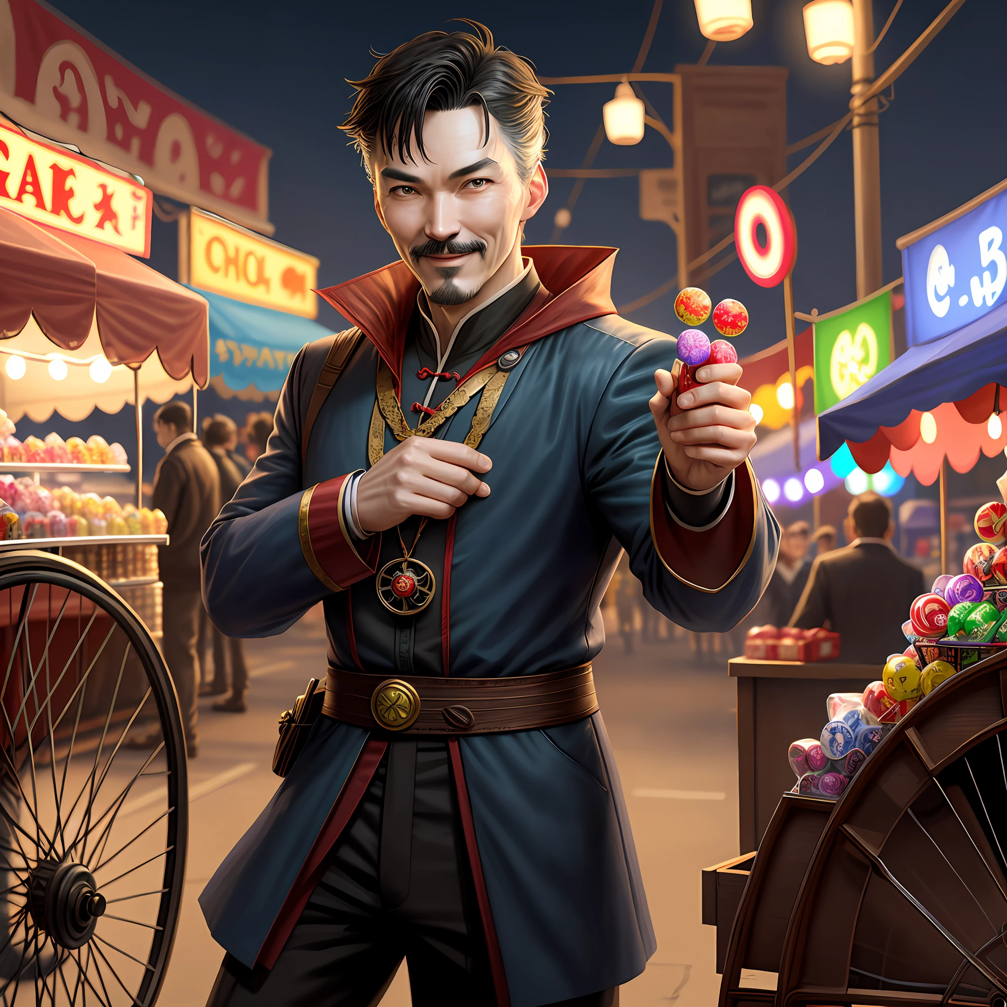 Dr strange,realistic dr strange,selling circle candy,carry candy cart,nightmarket,smiling,8k
