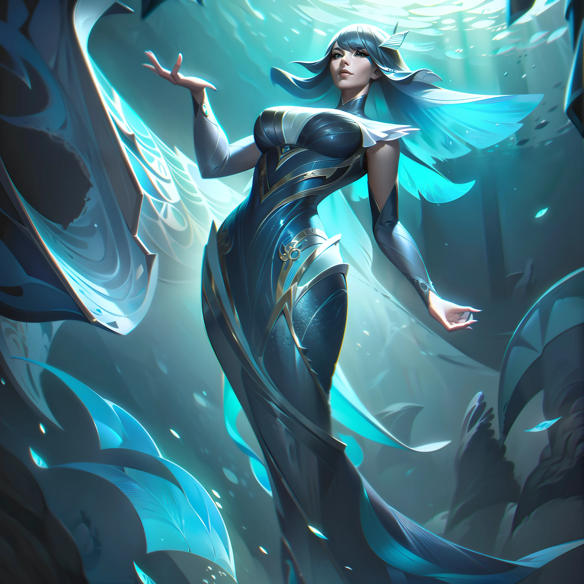 a woman, personafication in whale, silver blue dress with large proportions and fluttering, underwater with nautical winds and algae, majestic, extremely detailed, artwork, accurate, body lines, vibrant colors, exquisite details, cinematic, artstation, detailed face