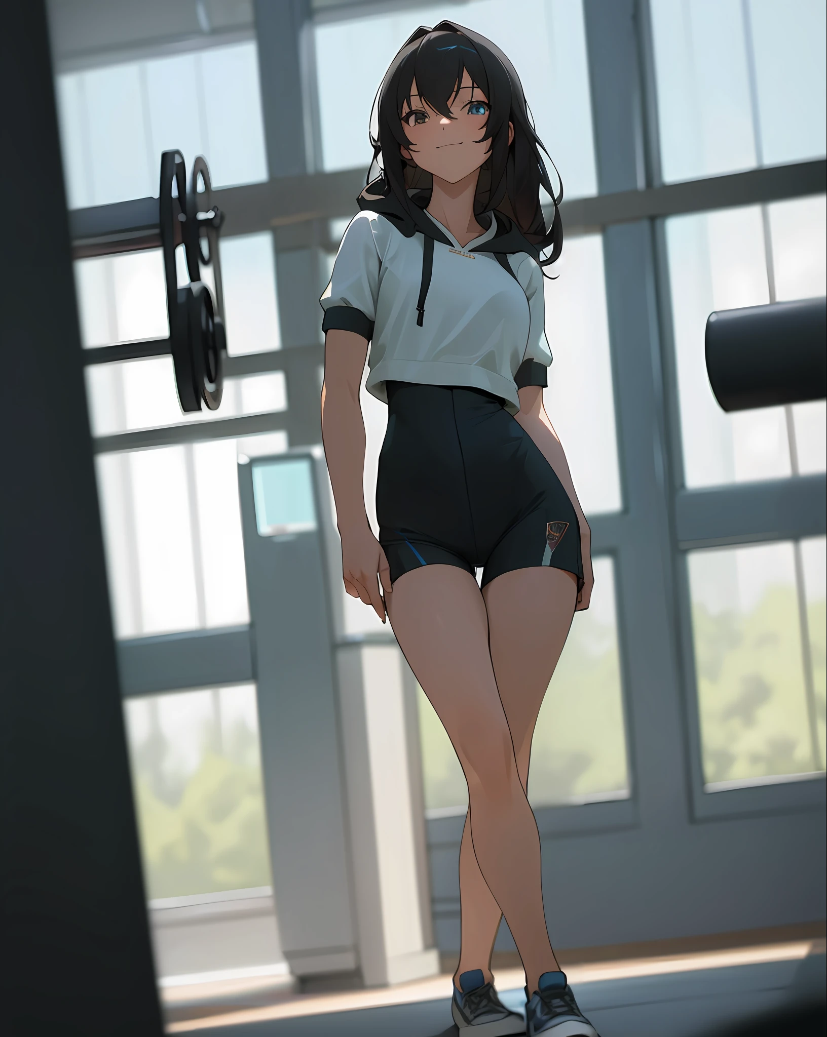 Full body photo, 1 girl, ((close-up of woman in workout clothes posing at gym for photo))), black long hair, Heterochromic eyes,Anime touch,Kyoto Animation,Game model,Tilted head, Smiling, Hands on hips, Hoodie, Gym shorts with slit, Legs apart, High Detail, 8K, Super Detail, High Definition, Best Quality, High Quality, High Quality, High Detail, Textured Skin, Masterpiece,(((Slim Waist)))(Neat Appearance))), (((beautiful_face)), (Beautiful Detail Eyes), (Film Lighting))))), (Masterpiece), ((long_hair), ((Viewer),(Soft Saturation: 1.3), (Fair Skin: 1.2), (((Cinematic Angle))))), ( (highest quality}, {{masterpiece}}, {high definition}, original, highly detailed 8K wallpaper, 1 girl, {very delicate and beautiful},)), ((ray tracing, {best quality}, {{masterpiece}, {high definition}, original, high definition 8K wallpaper, {very delicate and beautiful}, colorful and intricate details, art book))), (cinematic angle)), (high resolution))), ( Image (medium), (perfect female body)))), ((delicate muscle lines))