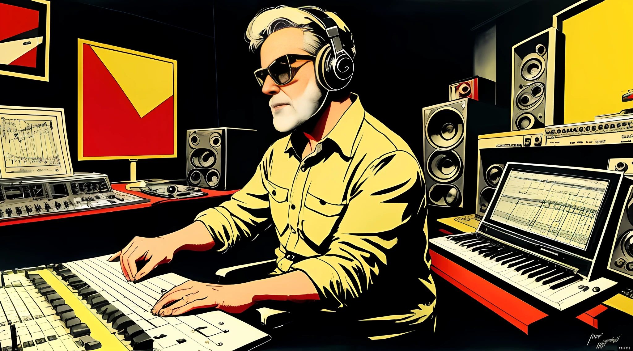there is a 50 years old music producer man with very short white beard, short white hair, (slightly overweighted), with glasses, sitting at a desk with a keyboard and headphones, keyboardist, in his basement studio, using synthesizer, tredning on art station, sitting at desk at keyboard, playing techno house music, tranding on art station, mixing, music being played, jamming to music, stunning illustration by Milton Caniff, duotone, two colors, black and red colors, drawing, painting, ink, masterpiece