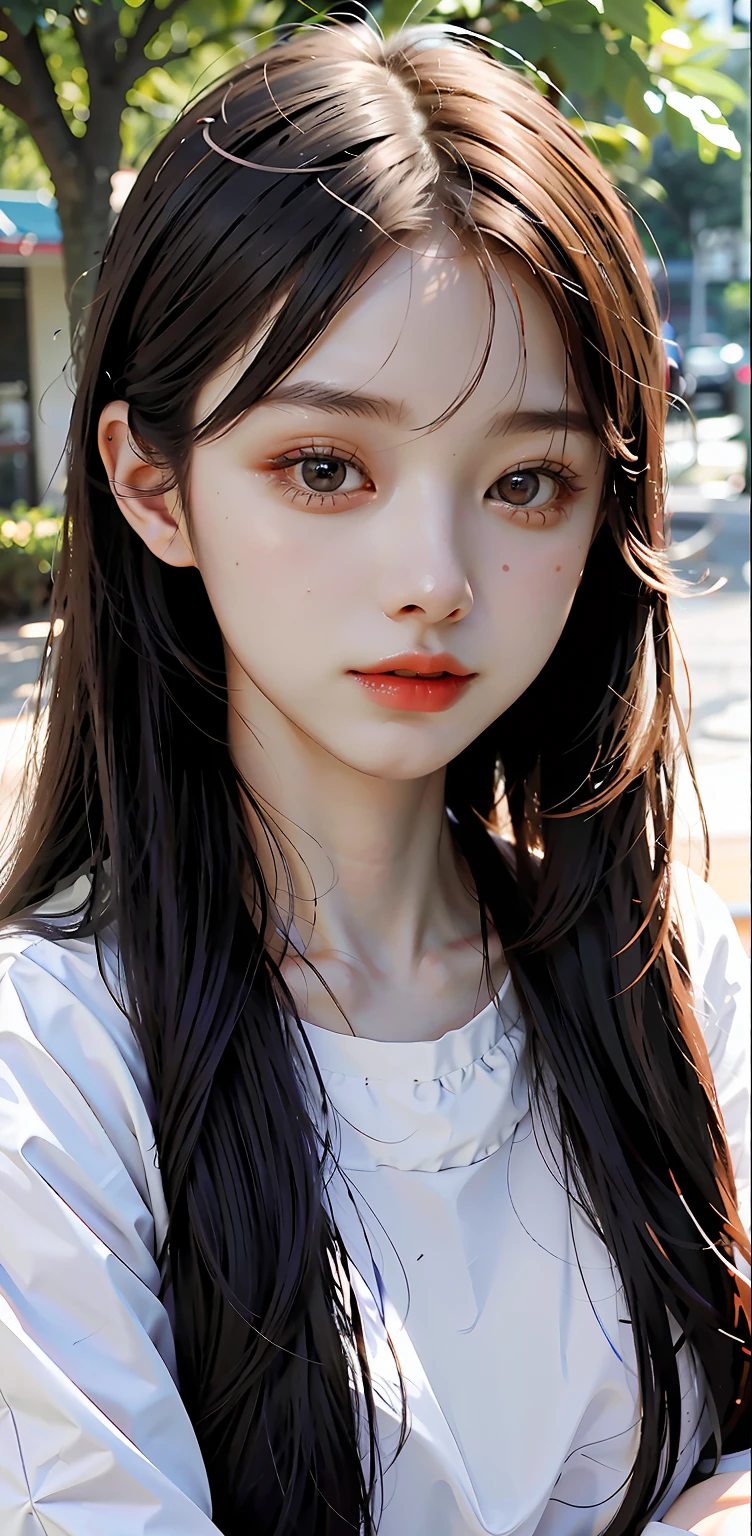 a close up of a woman with long hair wearing a white shirt, 1 8 yo, 18 years old, 19-year-old girl, xintong chen, korean girl, xision wu, heonhwa choe, 2 2 years old, 21 years old, ulzzang, wenfei ye, young cute wan asian face, lips