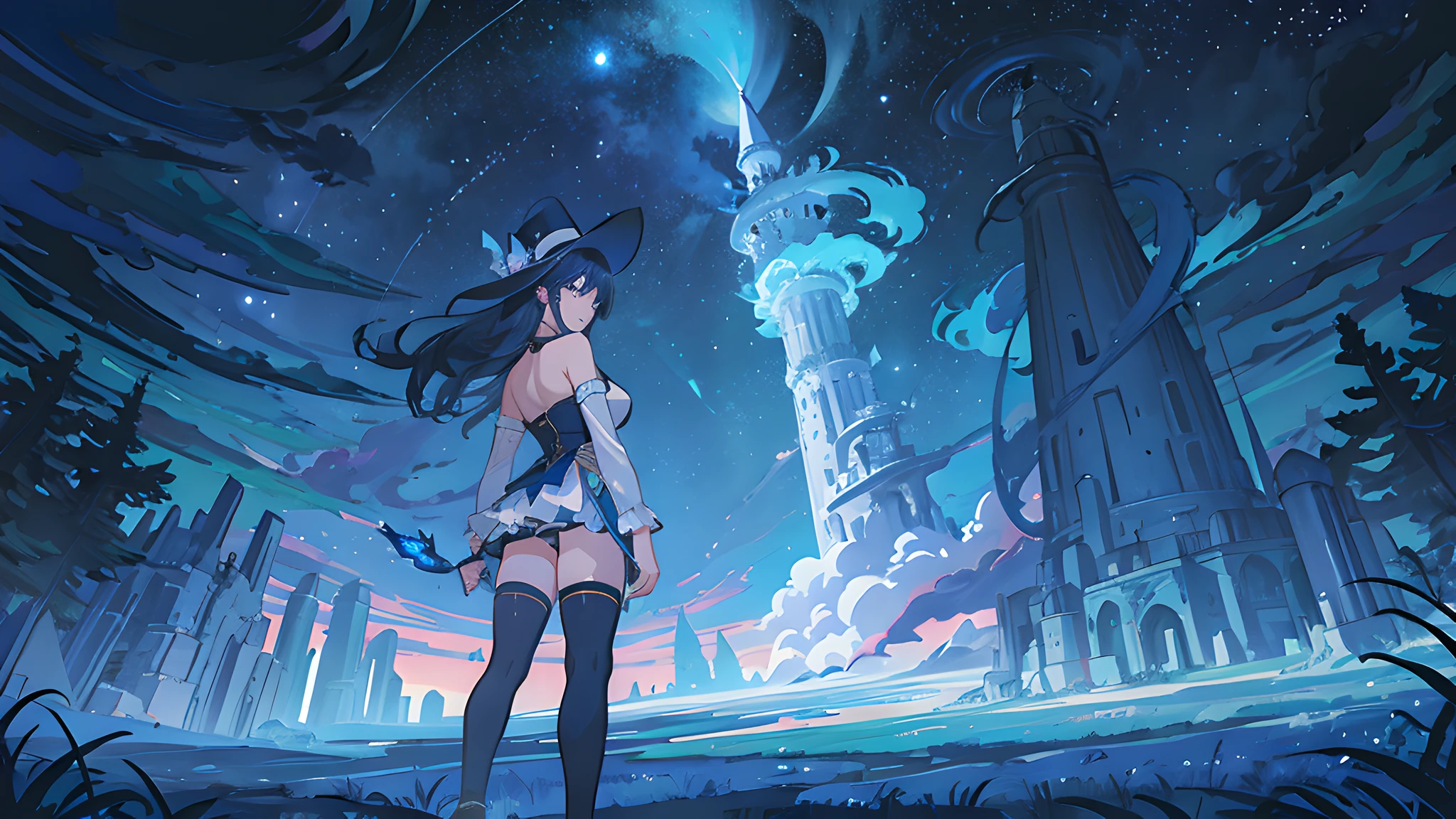 Night, Starry Sky, Moon, Vista, Beautifully Illustrated, Woods, Prairie, Blue-Dressed Magician Maiden with Camera Back, Sexy, Stockings, Standing, Stone, Prairie, Stones Floating in the Sky, Magician Hat, Smile, Giant Tower Surrounded by Cobra in the Distance, Blue Glowing Key Floating Next to the character