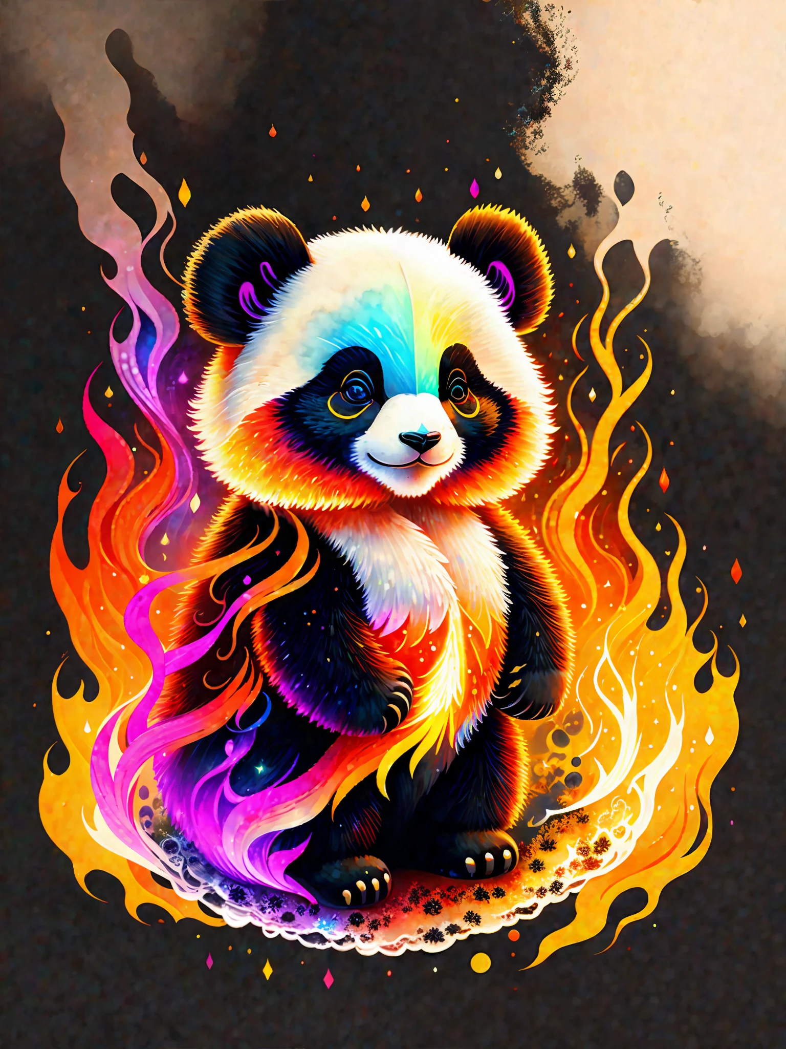 a painting of a colorful panda on a black background, panda rising from the ashes, breathtaking rendering, within a radiant connection, inspired by Kinuko Y. Craft, merging into vulpix, magical elements, white eagle icon, wow, it's gorgeous, casting a multi colorful spell, bright flash, flash