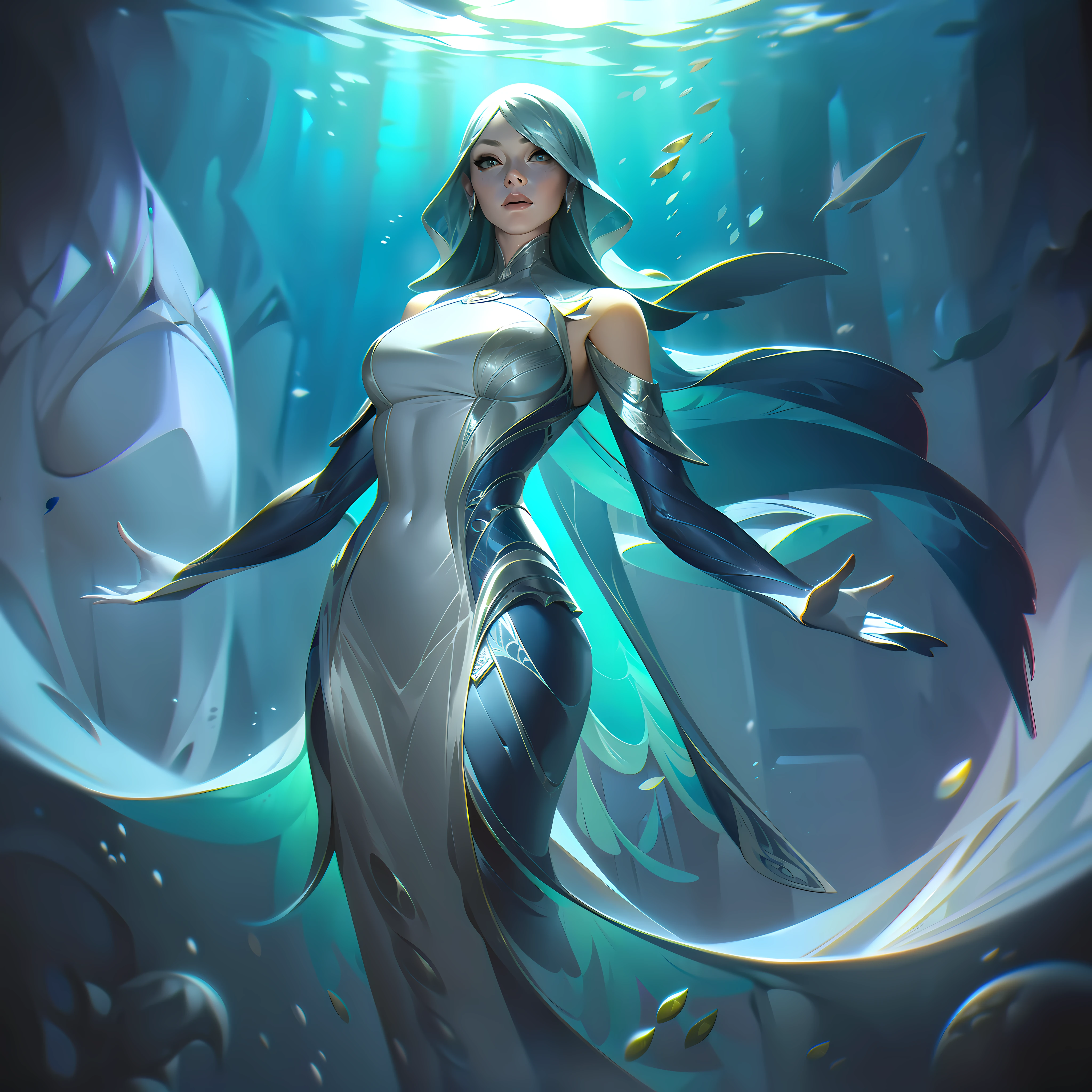 a woman, personafication in whale, silver blue dress with large proportions and fluttering, underwater with nautical winds and algae, majestic, extremely detailed, artwork, accurate, body lines, vibrant colors, exquisite details, cinematic, artstation, detailed face
