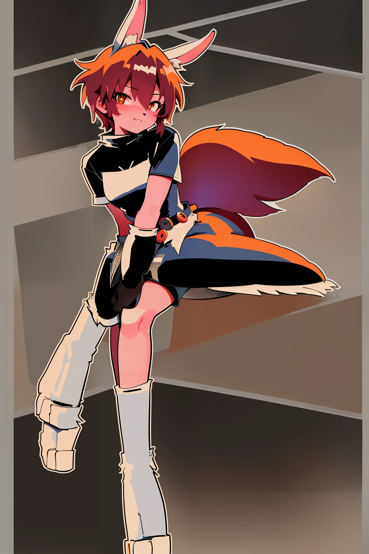 Furry (furry art, digital art, uploaded_on_e621: 1.4, furry human: 1.5), 1 boy, rabbit, male, Solo_focus, inside, bedroom, sitting on bed, black t-shirt, white shorts, orange fur, white fur, fluffy fur, big furry tail, looking at the audience, blushing lightly, (digital art, furry art), white liquid