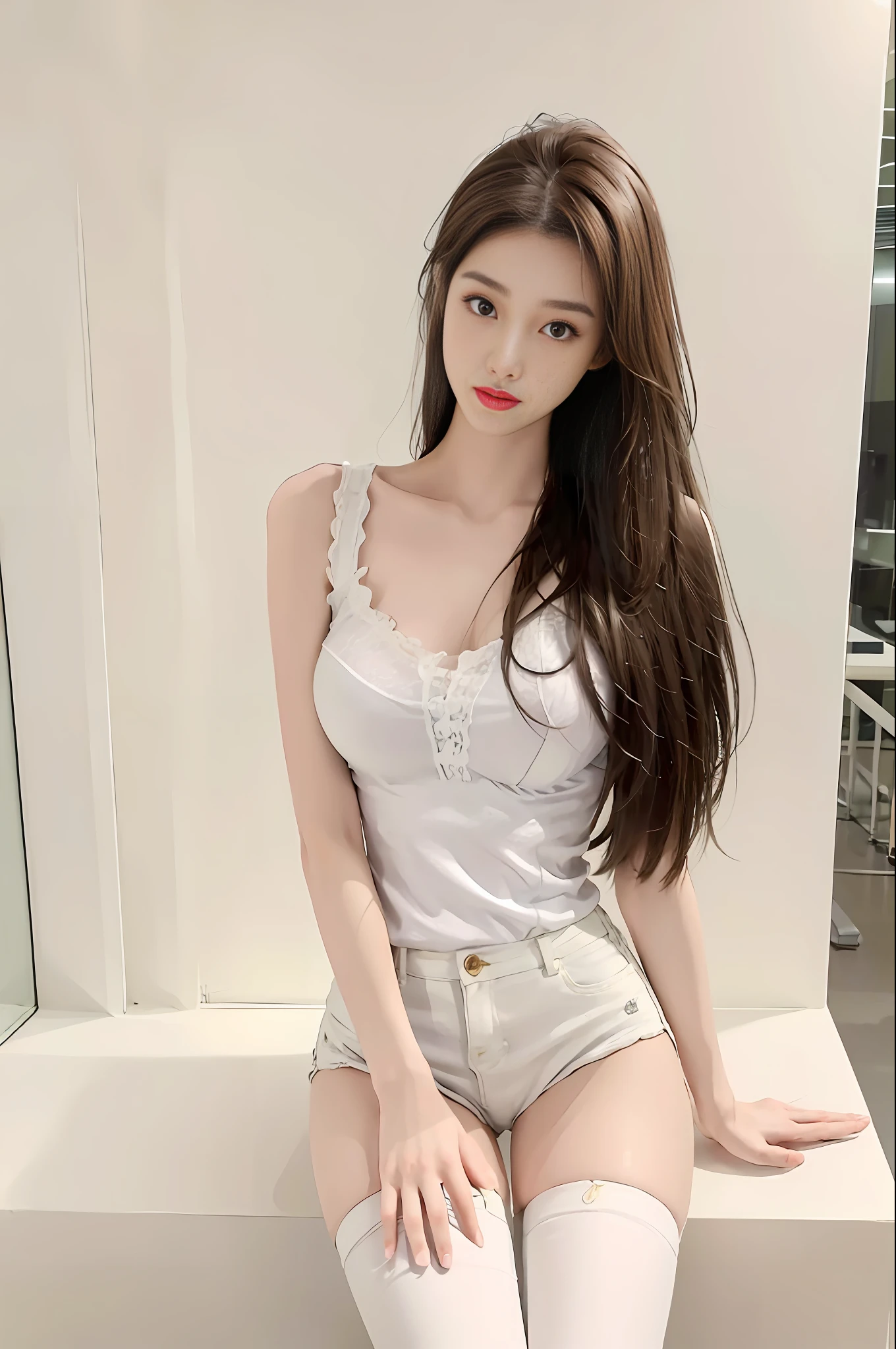 realistic, high resolution, 1 girl, long hair, korean,,big breasts,long legs,white stockings,off-the-shoulders,loose white shirt,skinny denim shorts,, thighs, panties visible,