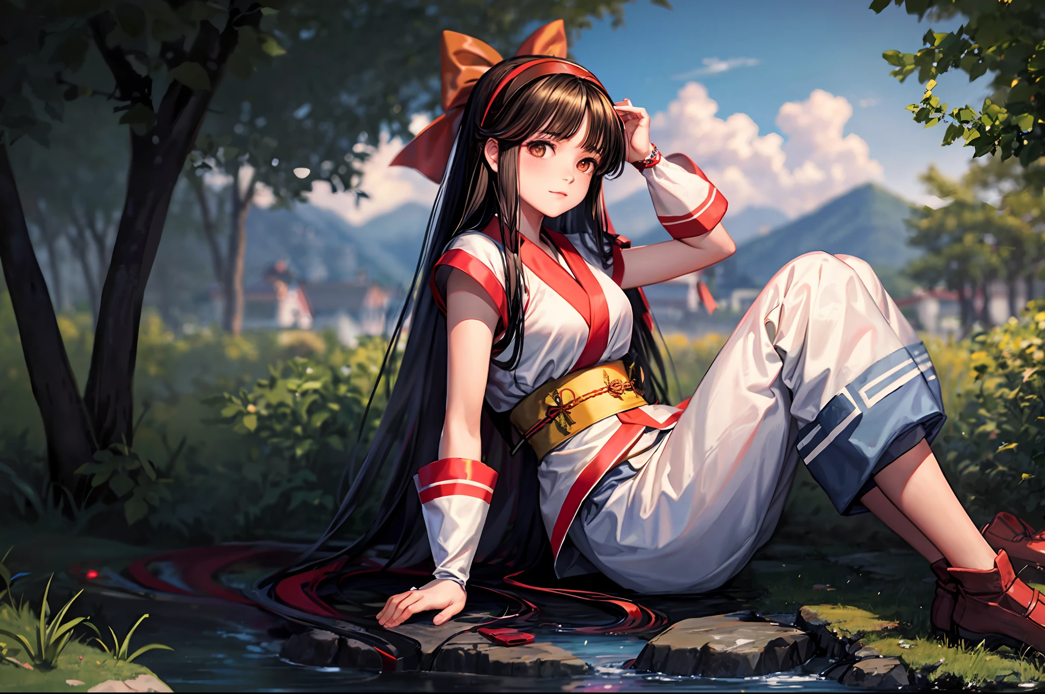 masterpiece, best quality,1girl, solo, nakorurums, red bow, bow, long hair, hair bow, ainu clothes, solo, hairband, black hair, fingerless gloves, short sleeves, gloves, sash, bangs, red hairband, breasts, brown eyes, white pants, japanese clothes, masterpiece, (sparkle: 1.3), relax, (illustration: 1.5), (brush), sitting