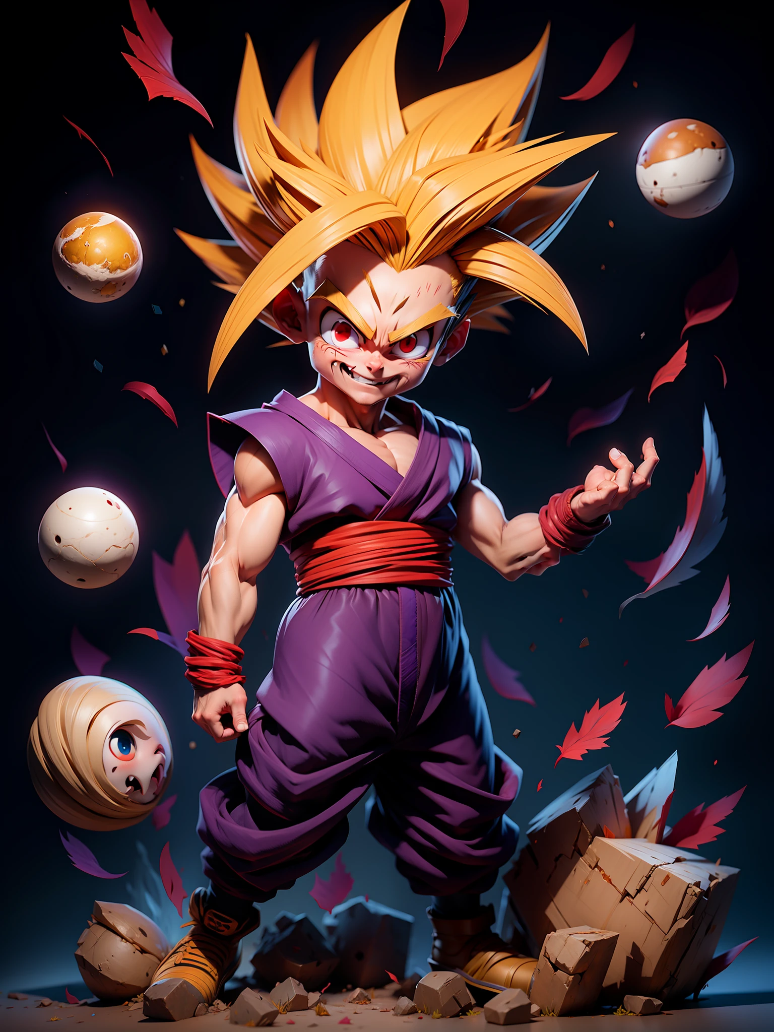 Masterpiece, best quality, super detailed, adult gohan 1boy, solo, full body, evil smile, yellow hair, spiked hair, (((red eyes)))), (perfect eyes))), (purple dooji))), full body, looking at the audience, male focus, earth\(planet\), planet, space, cracked ground and many rocks rising, many pieces rising, perfect hands. Cute, chibi,