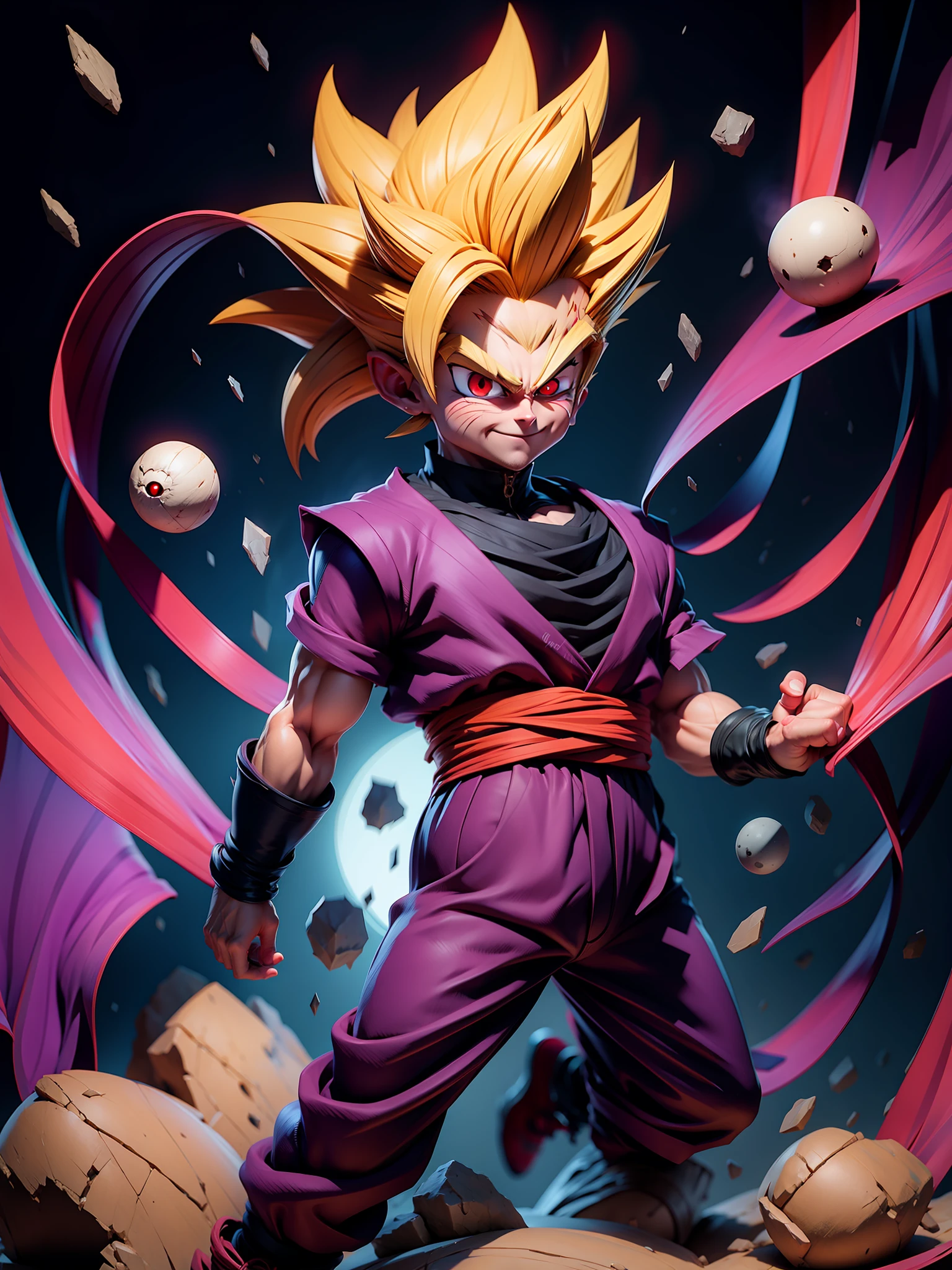 Masterpiece, best quality, super detailed, adult gohan 1boy, solo, full body, evil smile, yellow hair, spiked hair, (((red eyes)))), (perfect eyes))), (purple dooji))), full body, looking at the audience, male focus, earth\(planet\), planet, space, cracked ground and many rocks rising, many pieces rising, perfect hands. Cute, chibi,