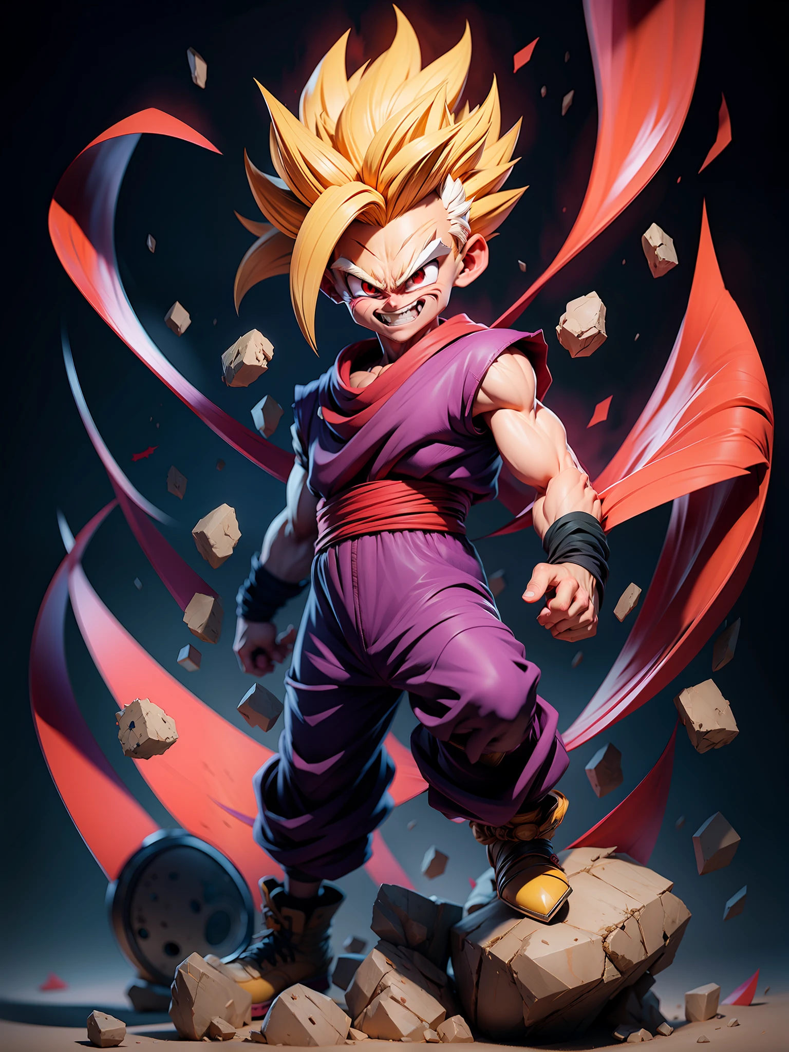 Masterpiece, best quality, super detailed, adult gohan 1boy, solo, full body, evil smile, yellow hair, spiked hair, (((red eyes)))), (perfect eyes))), (purple dooji))), full body, looking at the audience, male focus, earth\(planet\), planet, space, cracked ground and many rocks rising, many pieces rising, perfect hands. Cute, chibi,