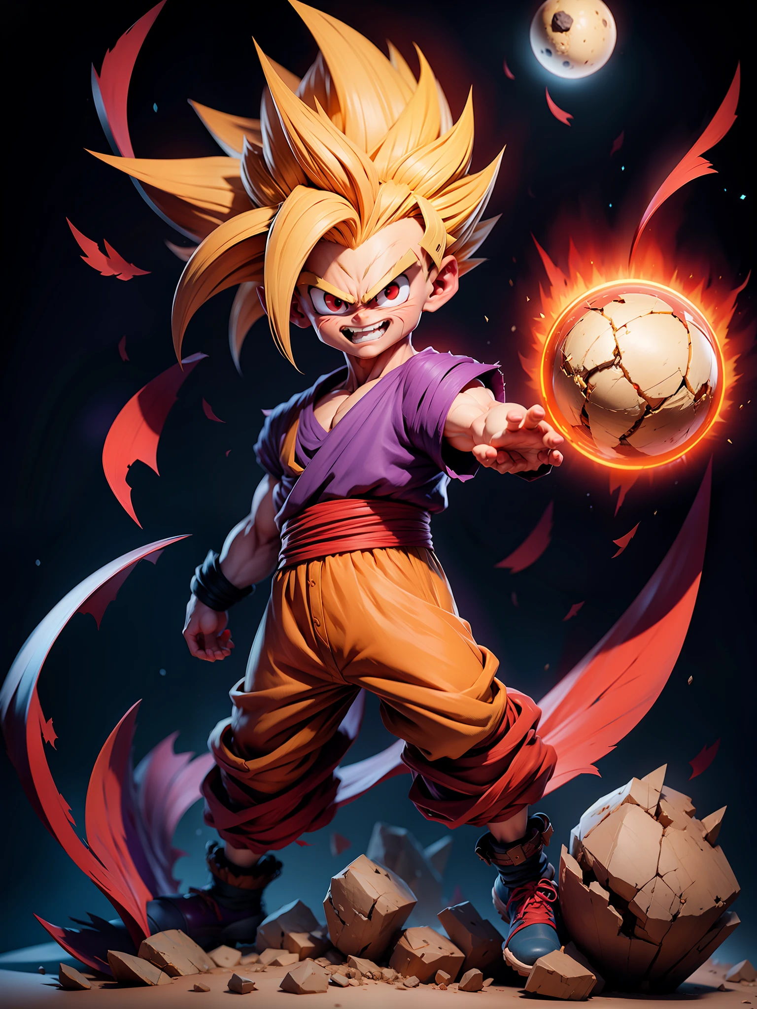 Masterpiece, best quality, super detailed, adult gohan 1boy, solo, full body, evil smile, yellow hair, spiked hair, (((red eyes)))), (perfect eyes))), (purple dooji))), full body, looking at the audience, male focus, earth\(planet\), planet, space, cracked ground and many rocks rising, many pieces rising, perfect hands. Cute, chibi,