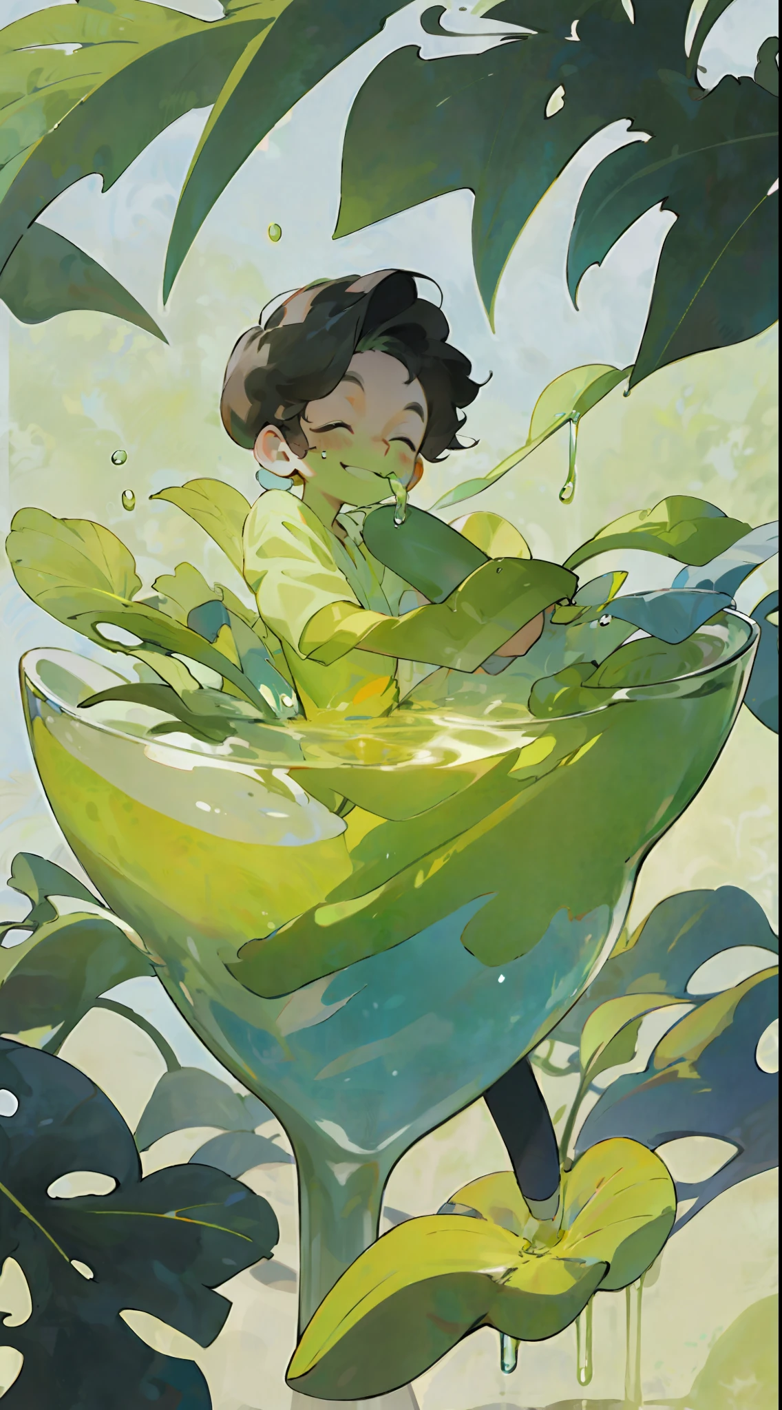 A little boy sits in a glass with a fan in his hand, smiling, cool liquid, green ti, sunshine, shade, summer, green