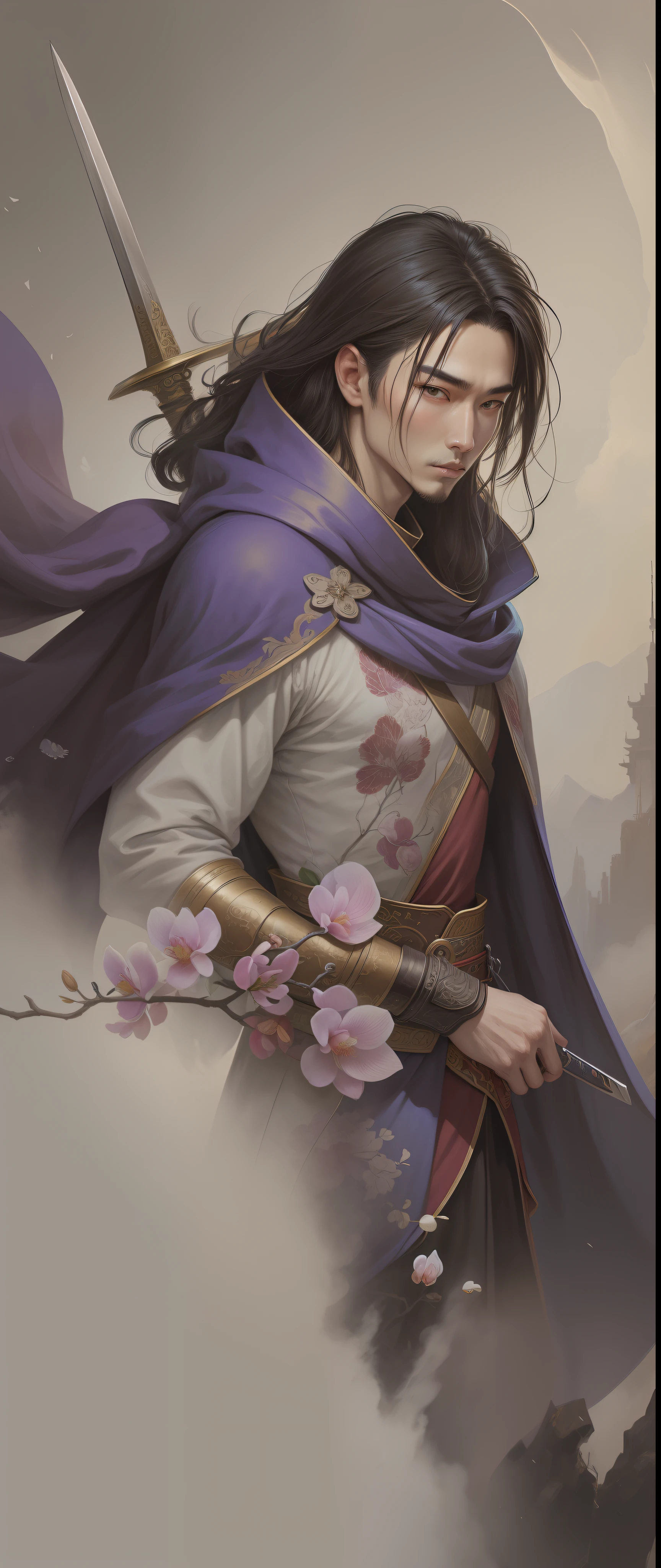 Chinese painting, orchid, hero, with a cloak, carrying a sword, man, solo