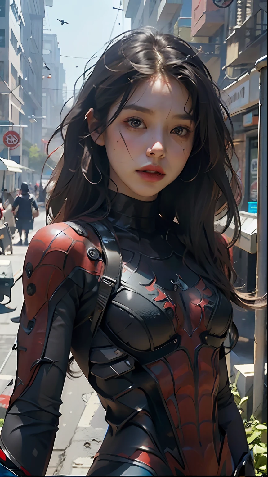 Beautiful woman detailed defined body using Spider-Man roleplay, small breasts, she is wearing Spider-Man suit, red and black color scheme, spider, very detailed abandoned warehouse background, detailed face, detailed complex busy background, messy, gorgeous, milky white, highly detailed skin, realistic skin details, visible pores, sharp focus, volumetric fog, 8k uhd, DSLR, high quality, film grain, fair skin, photo realism, lomography, Huge metropolis in a future dystopia , (upper body)