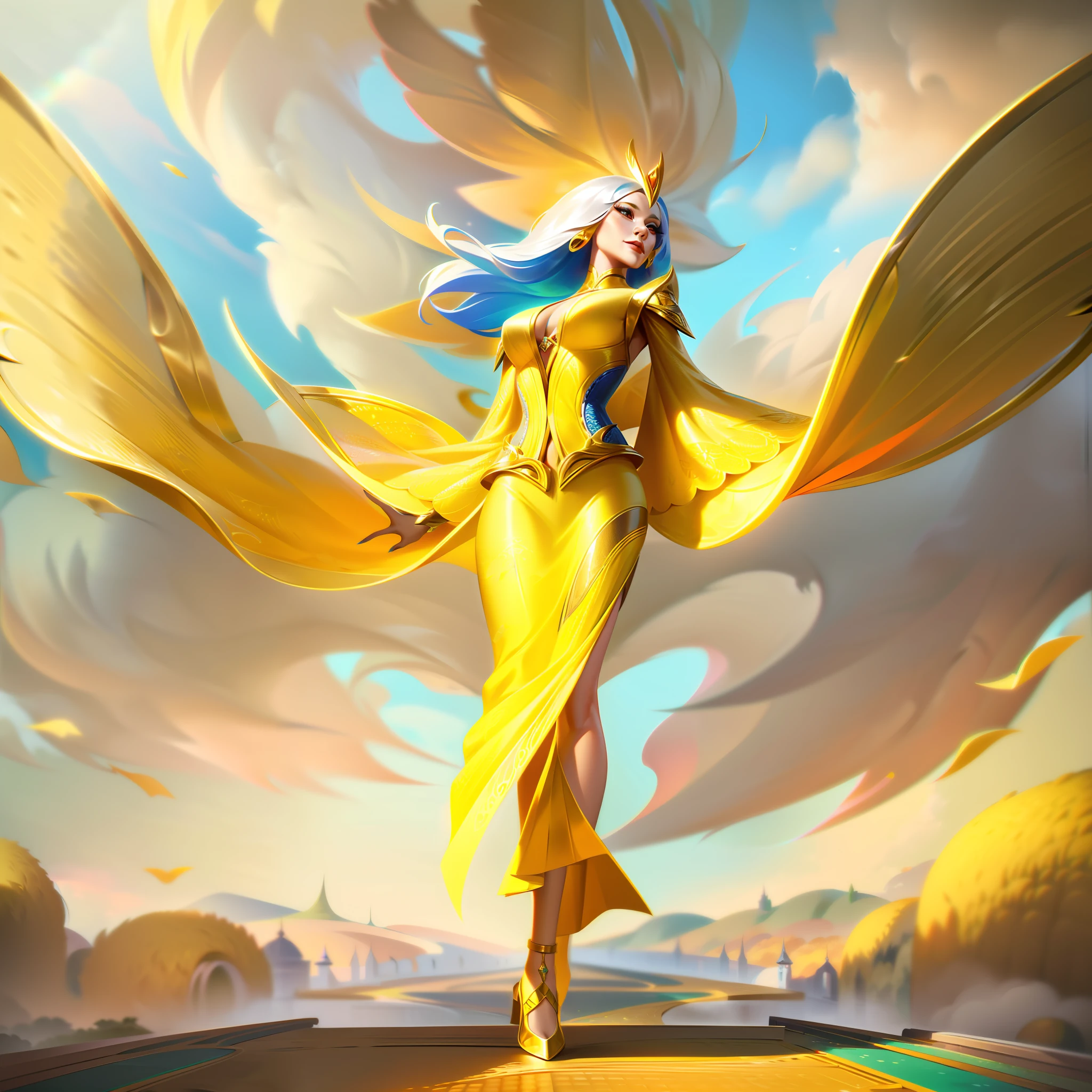 A woman, personification of joy, yellowish skirt and with fluttering golden accessories, in the clouds with walkways with fast winds, majestic, extremely detailed, work of art, accurate, body lines, vibrant colors, exquisite details, cinematic, artstation, detailed face