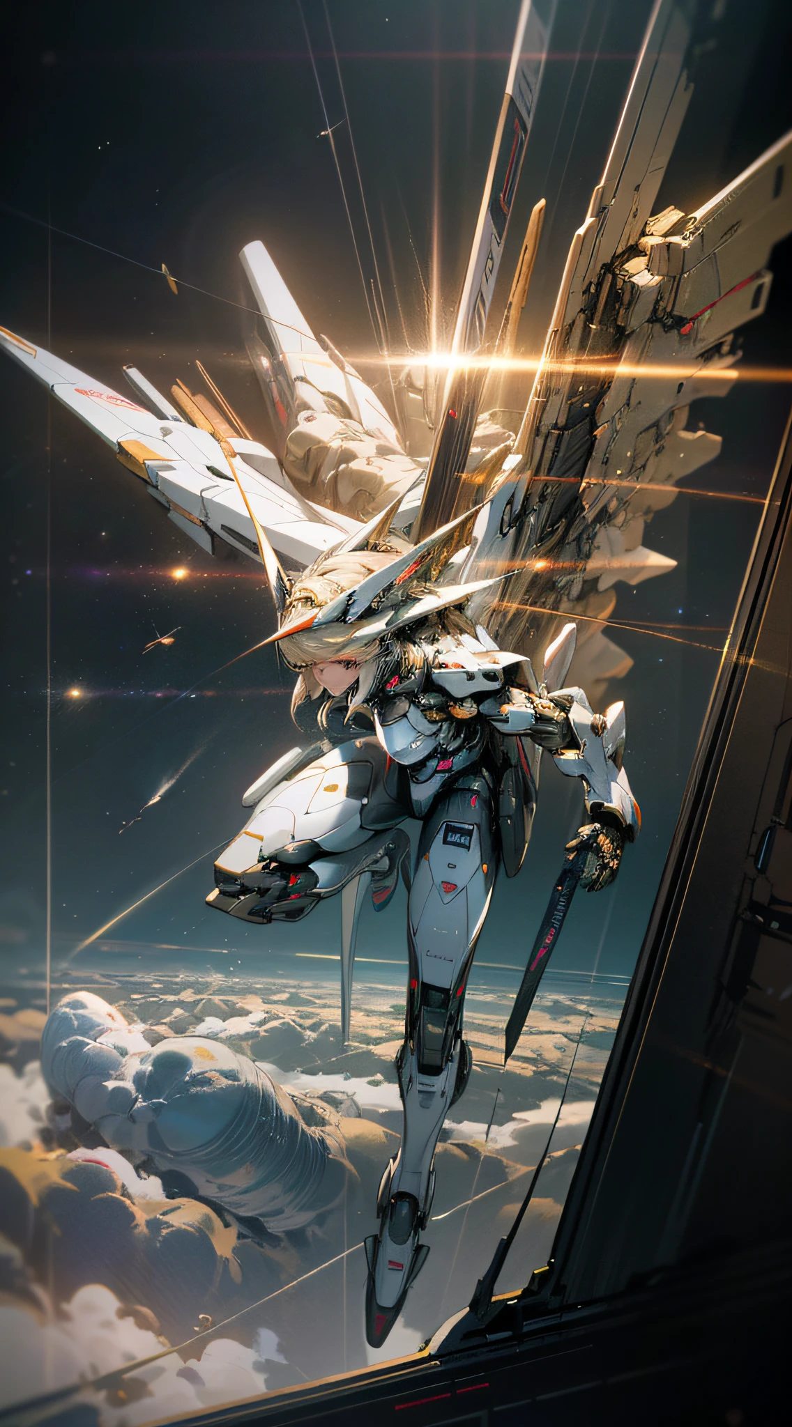 ((Best quality)), ((masterpiece)), (highly detailed:1.3), 3D, Pretty, (cyberpunk:1.2), In Space, Nebula, holding_weapon, (1Female mecha:1.3), facing the audience, golden eyes, long white-blond hair, long silky hair, full body, (flying, diving down, dynamic, Motion Blur: 1.4), (Giant Mech Wings: 1.6), Look Up, glowing_eyes, Mecha, Panorama, Earth, Nebula, Starlight, Space, Particle, Reality, HDR (High Dynamic Range), Ray Tracing, NVIDIA RTX, Super Resolution, Unreal 5, Subsurface Scattering, PBR Textures, Post-processing, Anisotropic Filtering, Depth of Field, Maximum Sharpness and Sharpness, Multi-layer Textures, Albedo and Specular Maps, Surface shading, Accurate simulation of light-material interactions, Perfect Proportions, Octane Render, Two-tone illumination, Large aperture, Low ISO, White balance, Rule of Thirds, 8K RAW, High Performance Sub-Pixel, Subpixel Convolution,