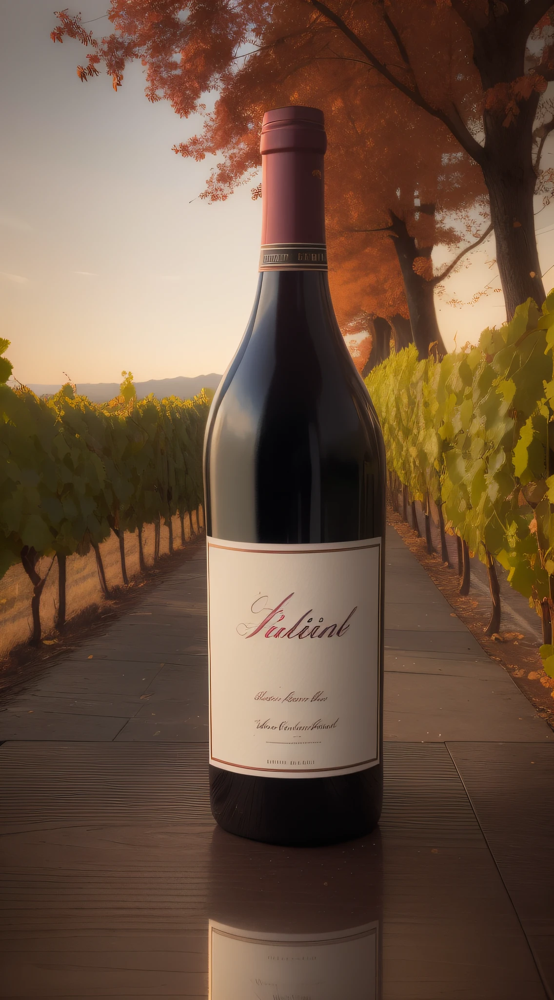 A high-end wine poster, perfectly proportioned red wine bottle, freehand, high-end, perfect composition, vineyard, lens extension, compositional proportion, outdoor lighting, masterpiece