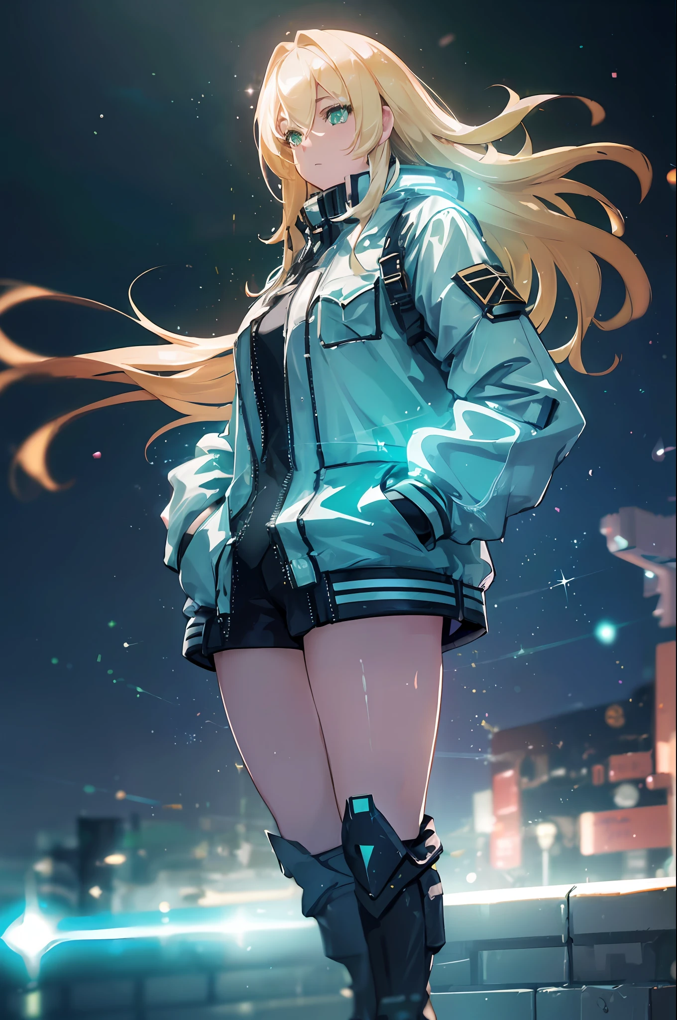 a girl blowing a big bubblegum with both of her hand in her pocket , (hands in pocket:1.4), (big bubblegum:1.4), (Shibuya:1.4), (night lights:1.4), (Thick Body:1.4), (Long Blond Hair:1.4), Green Eyes, HDR (High Dynamic Range), Ray Tracing, NVIDIA RTX, Super-Resolution, Unreal 5, Subsurface Scattering, PBR Texturing, Post-Processing, Anisotropic Filtering, Depth-Of-Field ,Maximum Clarity And Sharpness, Multi-Layered Textures, Albedo And Specular Maps, Surface Shading, Accurate Simulation Of Light-Material Interaction, Octane Render, Two-Tone Lighting, Low ISO, White Balance, Rule Of Thirds, Wide Aperture, 8K RAW, Efficient Sub-Pixel, Sub-Pixel Convolution, (Luminescent Particles:1.4), {{Masterpiece, Best Quality, Extremely Detailed CG, Unity 8k Wallpaper, 3D, Cinematic Lighting, Lens Flare}},