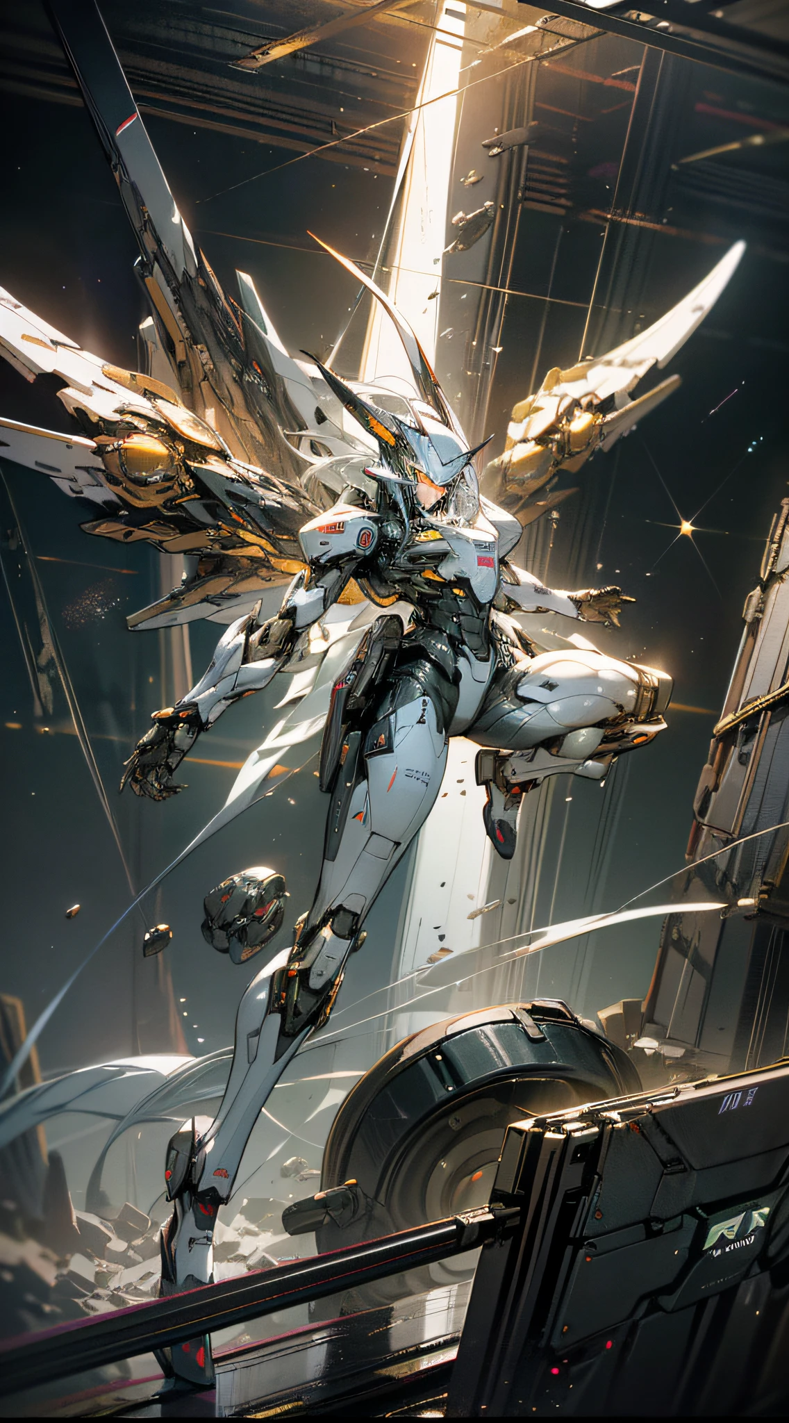 ((Best quality)), ((masterpiece)), (highly detailed:1.3), 3D, Pretty, (cyberpunk:1.2), In Space, Nebula, holding_weapon, (1Female mecha:1.3), facing the audience, golden eyes, long white-blond hair, long silky hair, full body, (flying, diving down, dynamic, Motion Blur: 1.4), (Giant Mech Wings: 1.6), Look Up, glowing_eyes, Mecha, Panorama, Earth, Nebula, Starlight, Space, Particle, Reality, HDR (High Dynamic Range), Ray Tracing, NVIDIA RTX, Super Resolution, Unreal 5, Subsurface Scattering, PBR Textures, Post-processing, Anisotropic Filtering, Depth of Field, Maximum Sharpness and Sharpness, Multi-layer Textures, Albedo and Specular Maps, Surface shading, Accurate simulation of light-material interactions, Perfect Proportions, Octane Render, Two-tone illumination, Large aperture, Low ISO, White balance, Rule of Thirds, 8K RAW, High Performance Sub-Pixel, Subpixel Convolution,
