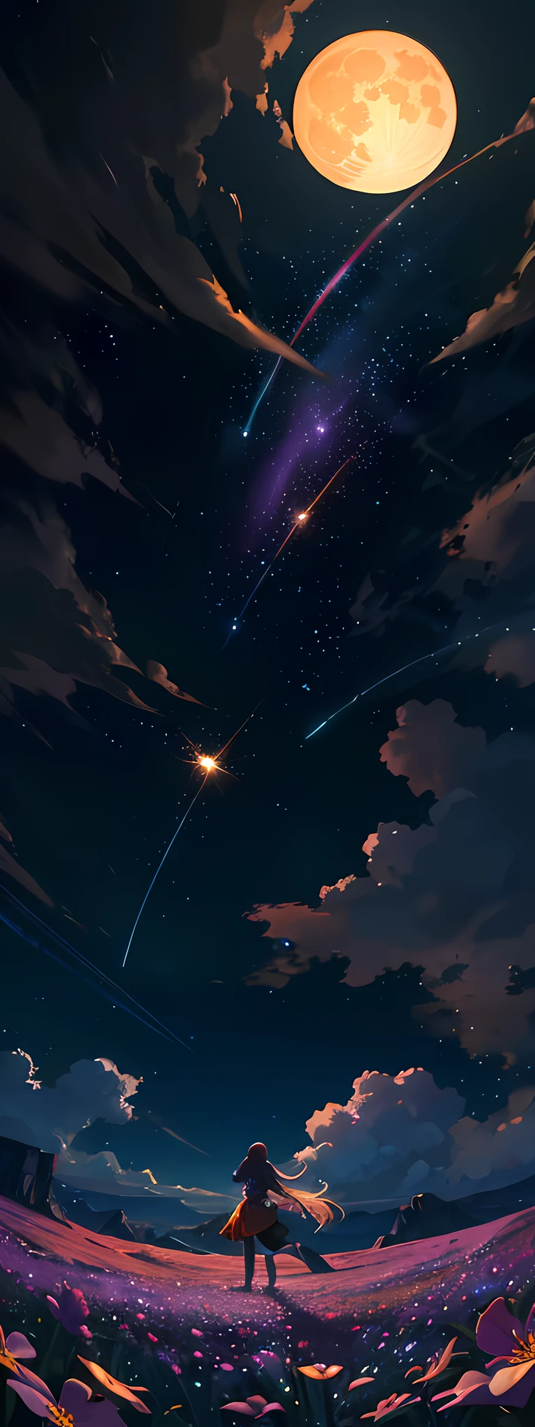 Vast landscape photo, (viewed from below, the sky is above and the open field is below), a girl standing on a flower field looking up, (full moon: 1.2), (meteor: 0.9), (nebula: 1.3), distant mountains , Trees BREAK Crafting Art, (Warm Light: 1.2), (Fireflies: 1.2), Lights, Lots of Purple and Orange, Intricate Details, Volumetric Lighting, Realism BREAK (Masterpiece: 1.2), (Best Quality), 4k, Ultra-Detailed, (Dynamic Composition: 1.4), Very Detailed, Colorful Details, (Rainbow Colors: 1.2), (Glow Lighting, Atmospheric Lighting), Dreamy, Magical, (Solo: 1.2)