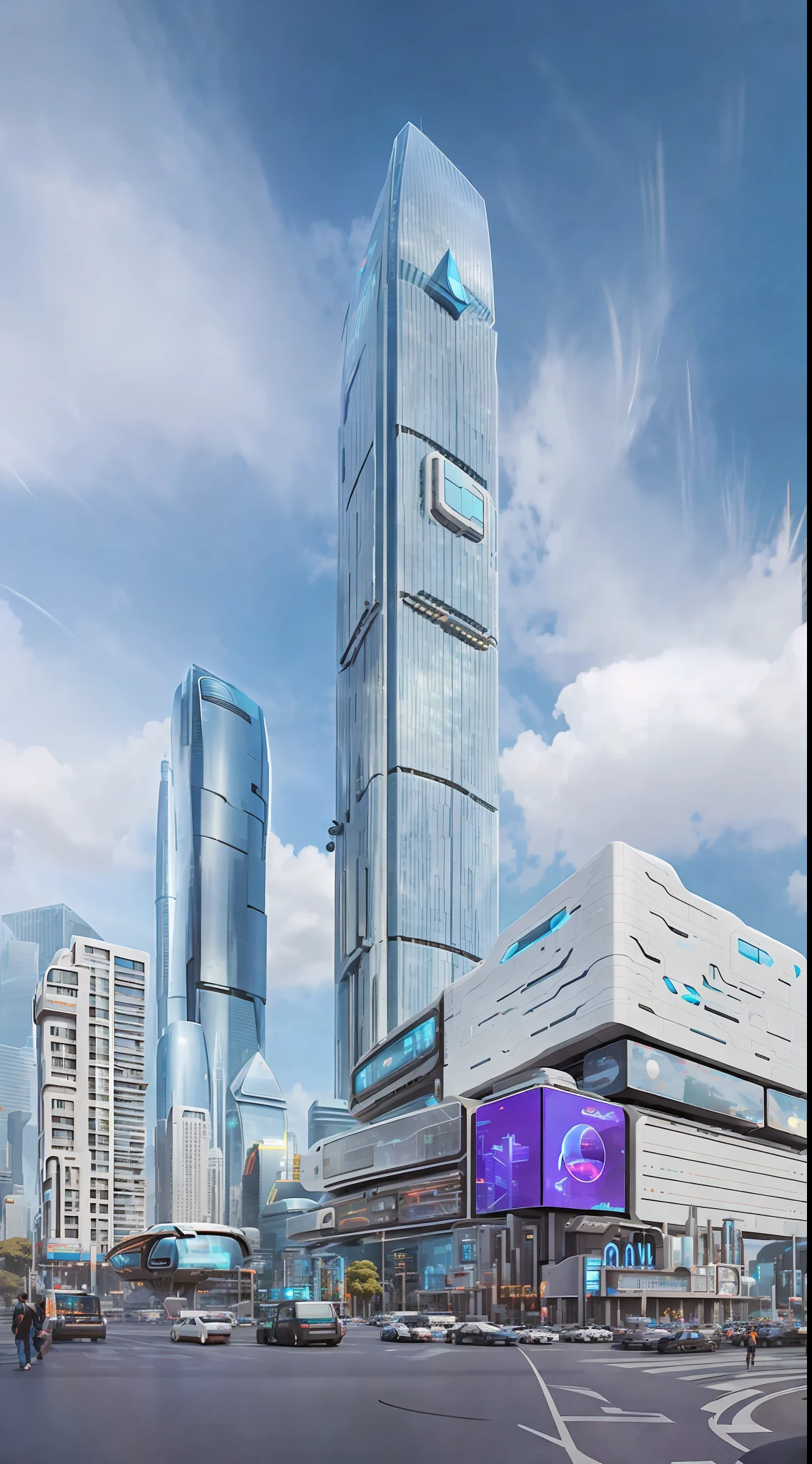 Bustling futuristic cityscape with skyscrapers and hovercars in between. In the center of the city is a huge building with blue sky and white clouds. Justin Maller's overall tone is lighthearted and whimsical